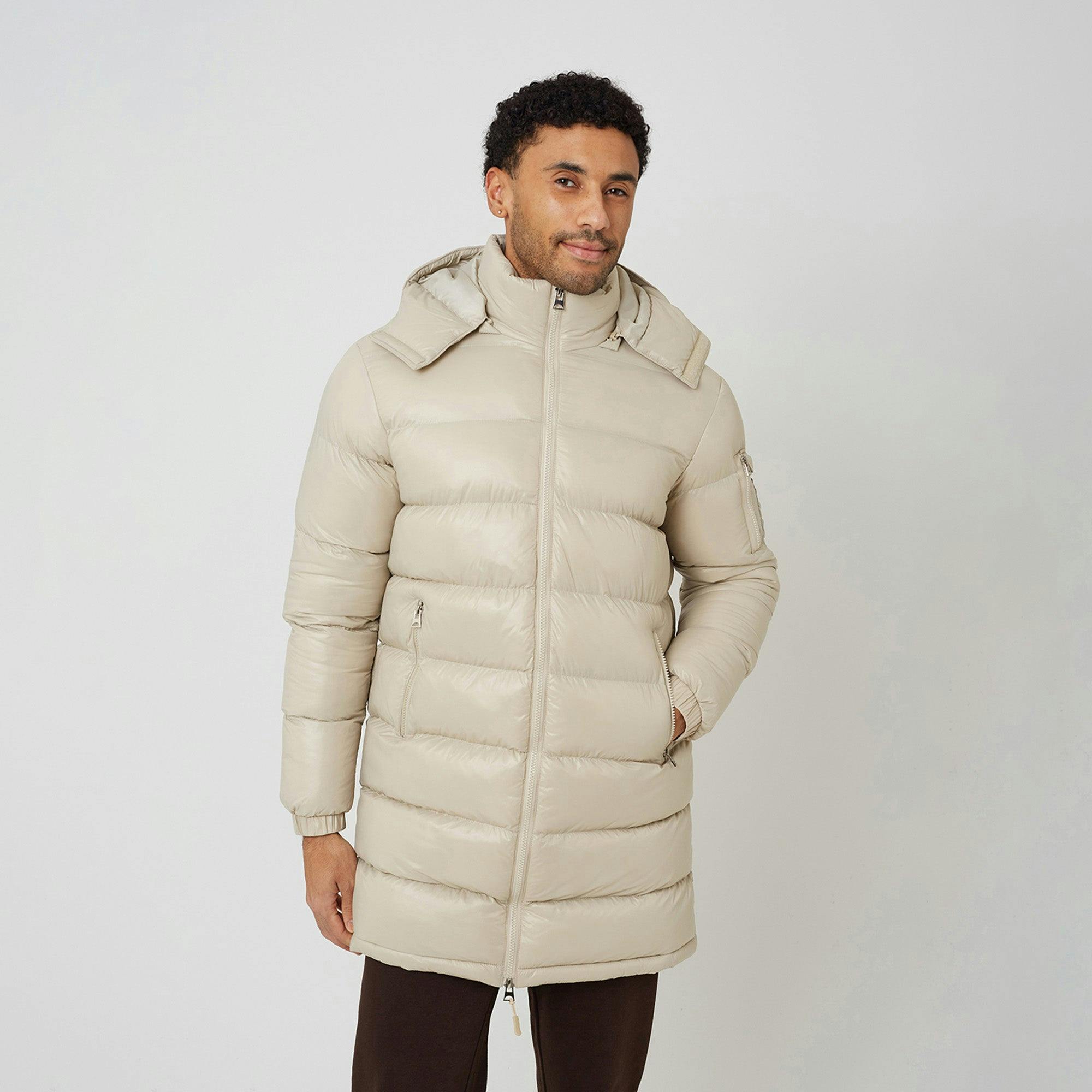 Brave Soul Longline Hooded Padded Puffer Jacket - Stone - Stone - Xl