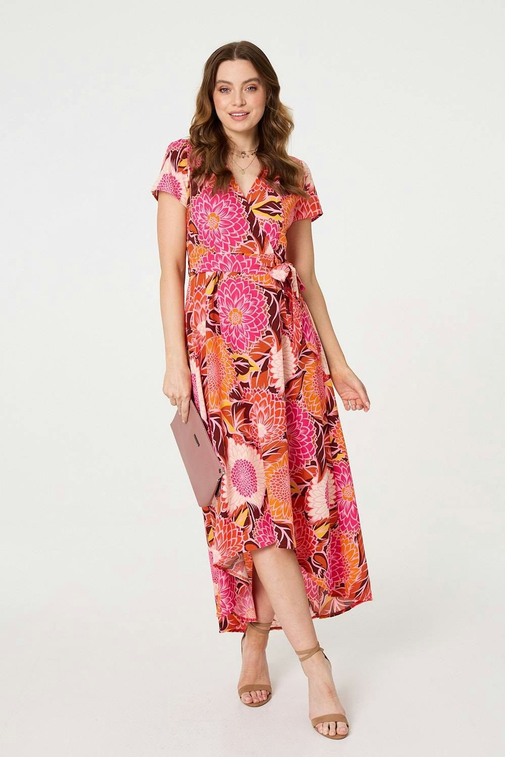 Izabel London Pink Floral Short Sleeve Tie Waist Midi Dress - 8