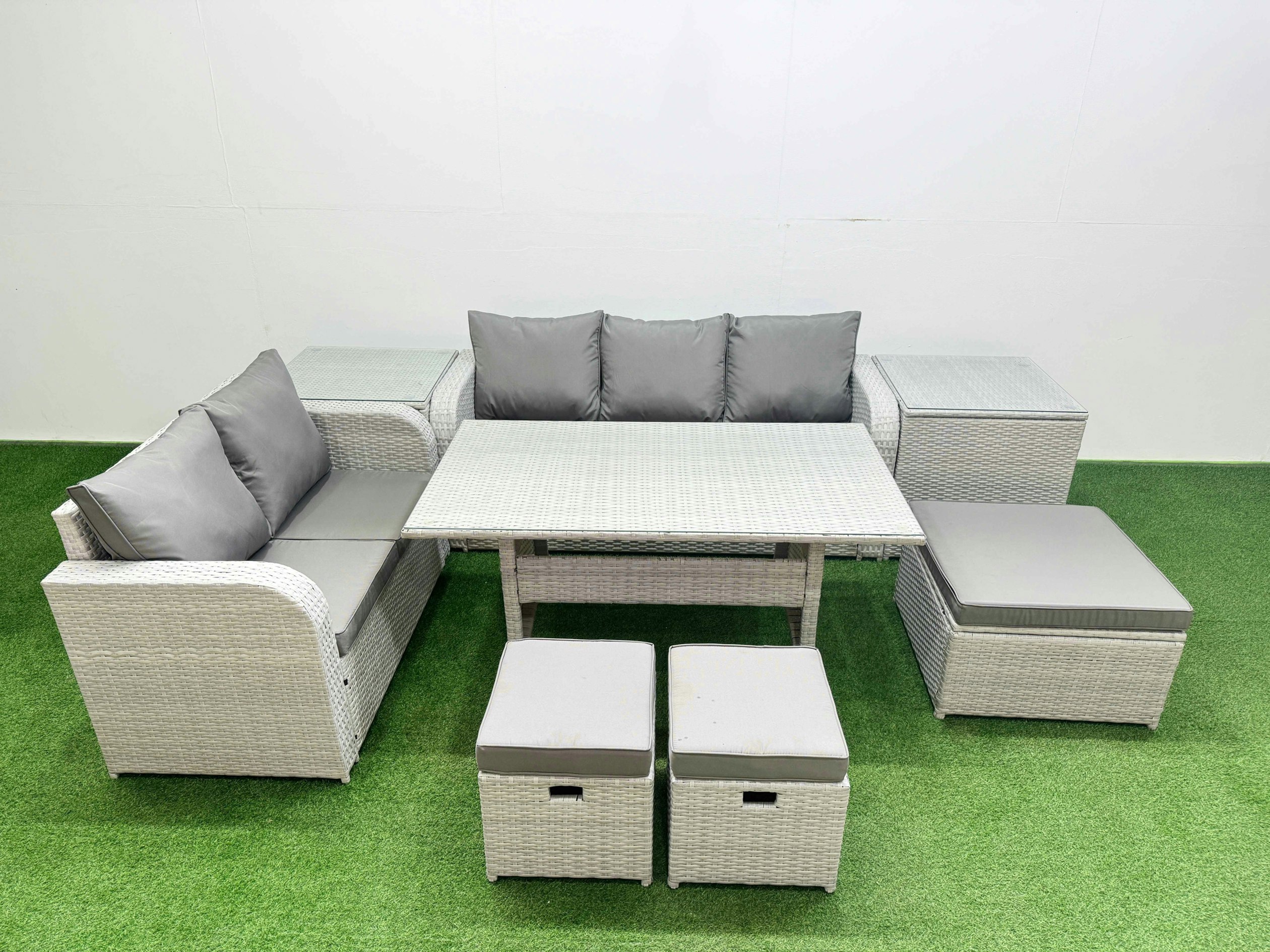Rackhams Light/Grey/Dark 8 Seater Pe Wicker Rattan Conservatory Sofa Set - Rectangular Dining Table, 3-Seater Sofa, Loveseat & 3 Stools
