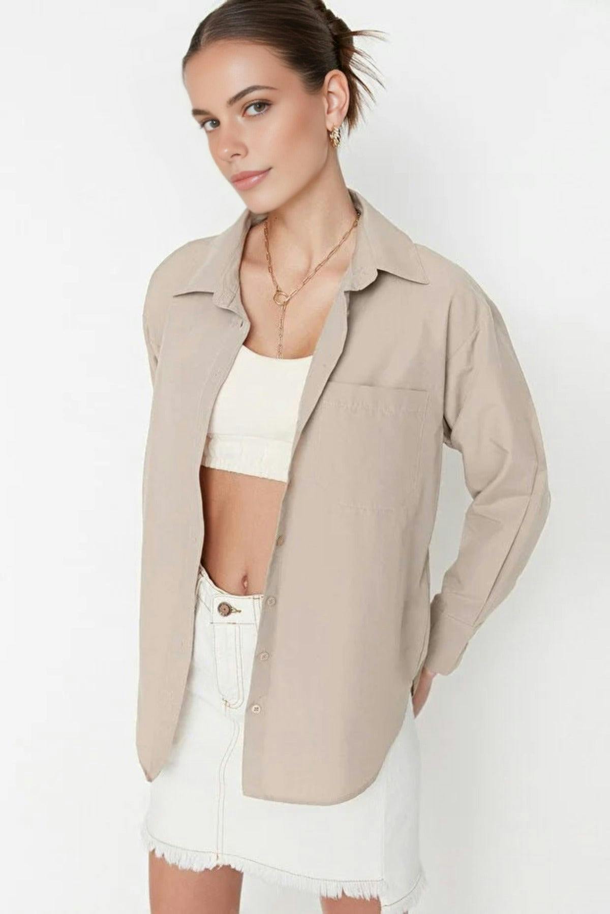 Wovcor Single Pocket Boyfriend Cotton Woven Shirt - Taupe - 10