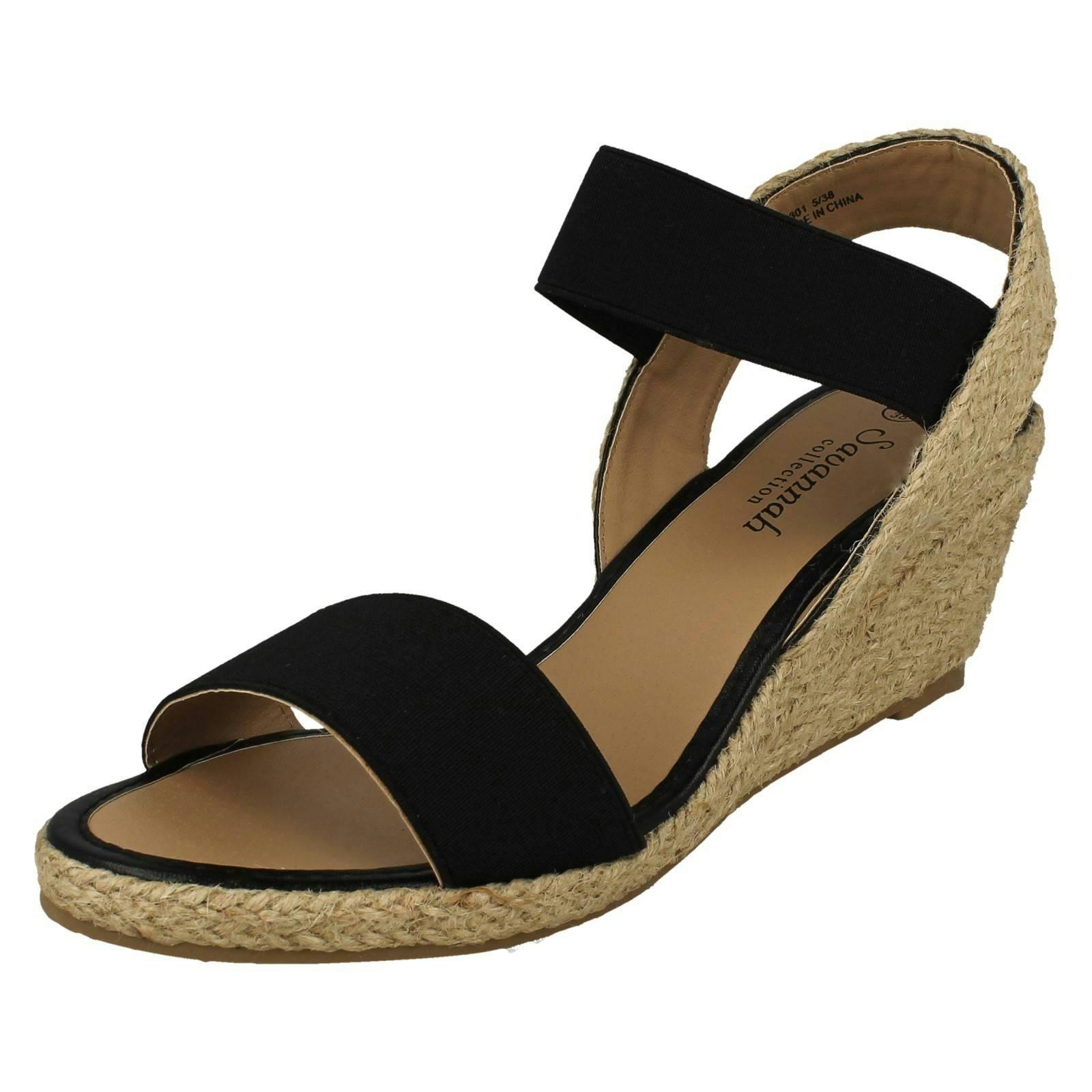 Savannah Women's Black Elasticated Strap Wedge Heeled Sandals F2301 - Uk 3