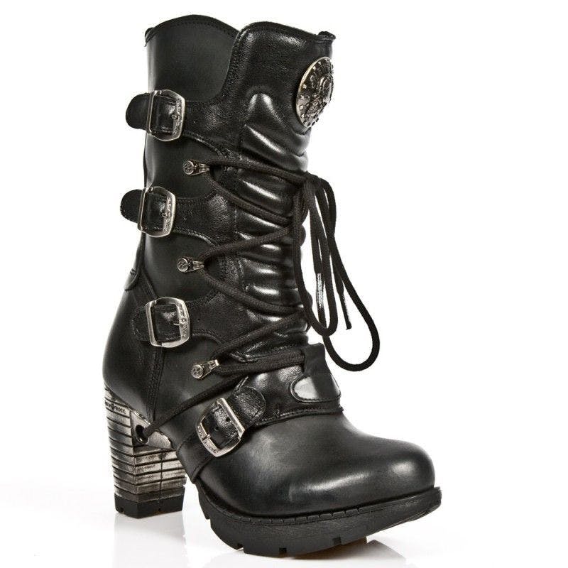 New Rock Women's Black Leather Metallic Gothic Boots- Tr003-S1 - Uk 8 | Eu 42 | Us 10