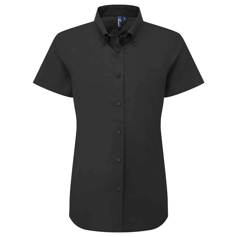 Premier Women's Black Supreme Oxford Short-Sleeved Formal Shirt - 5XL - 72% Mercerised Cotton/25% Organic Cotton/3% Elastane