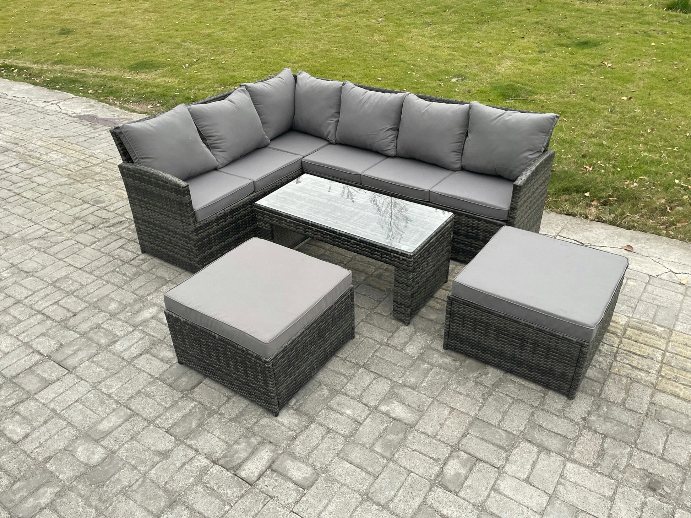 Rackhams Dark/Grey Rattan Garden Furniture Sets High Back Corner Sofa Oblong Coffee Table Set With 2 Big Footstool Mixed