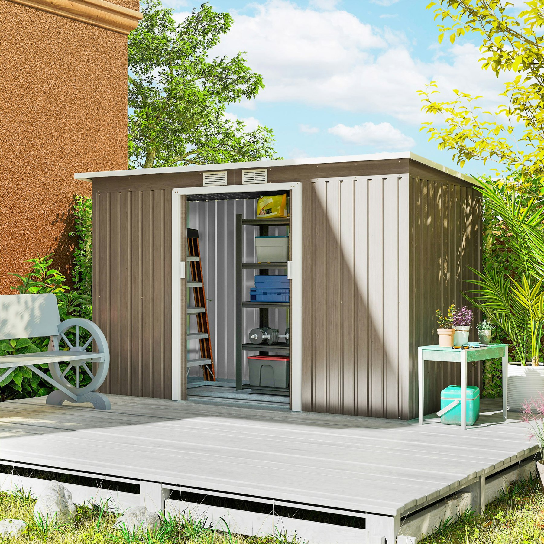 Outsunny Light/Grey/Grain 9 X 4Ft Metal Garden Storage Shed W/ 2 Door, Wood
