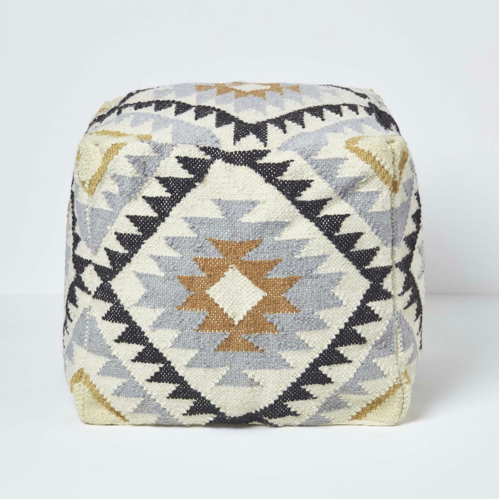 Homescapes Gold/Black Agra And Kilim Footstool Handwoven Beanbag Pouffe - 43 X 43 Cm