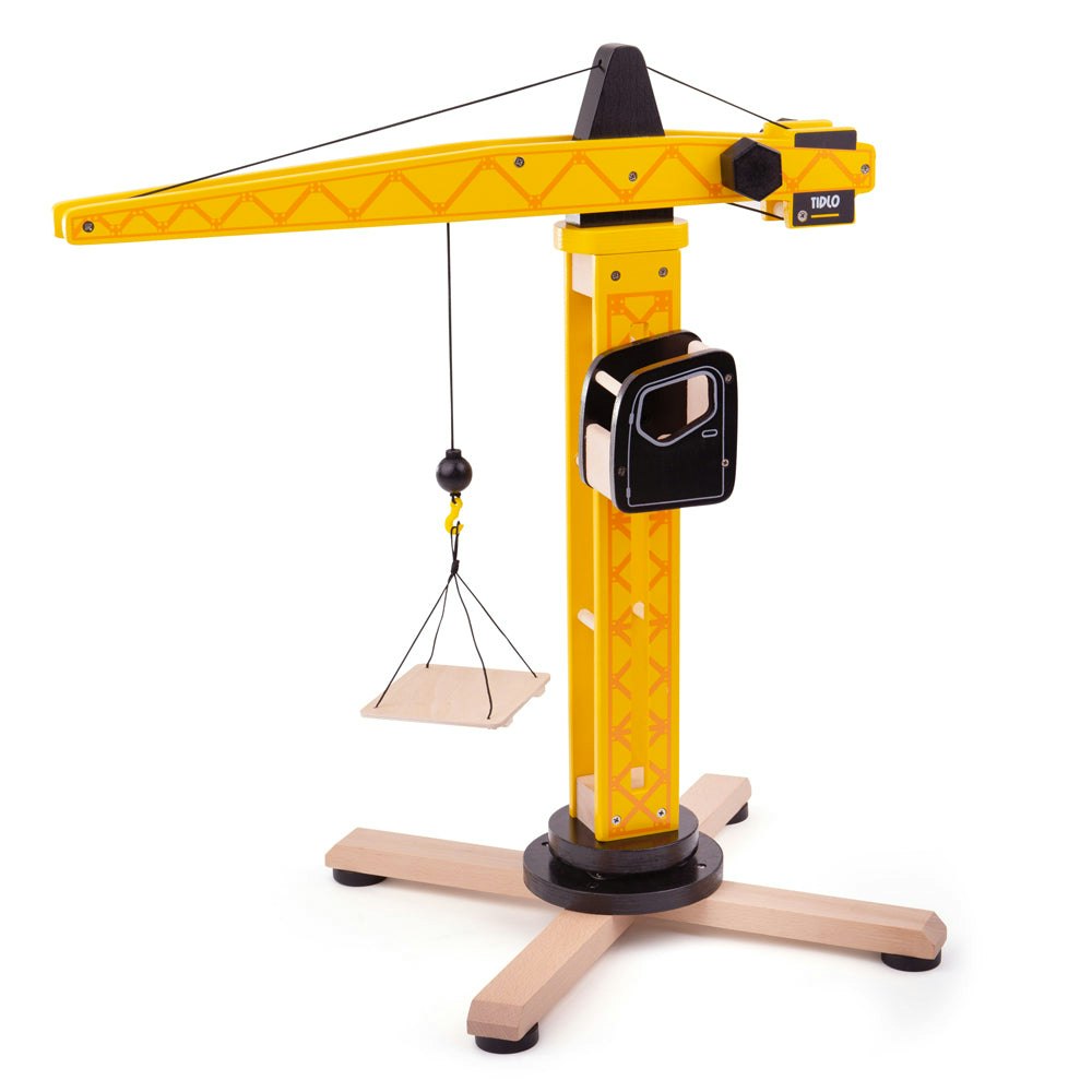Tidlo Yellow Wooden Tower Crane Toy Including 360 Degree Rotating Boom