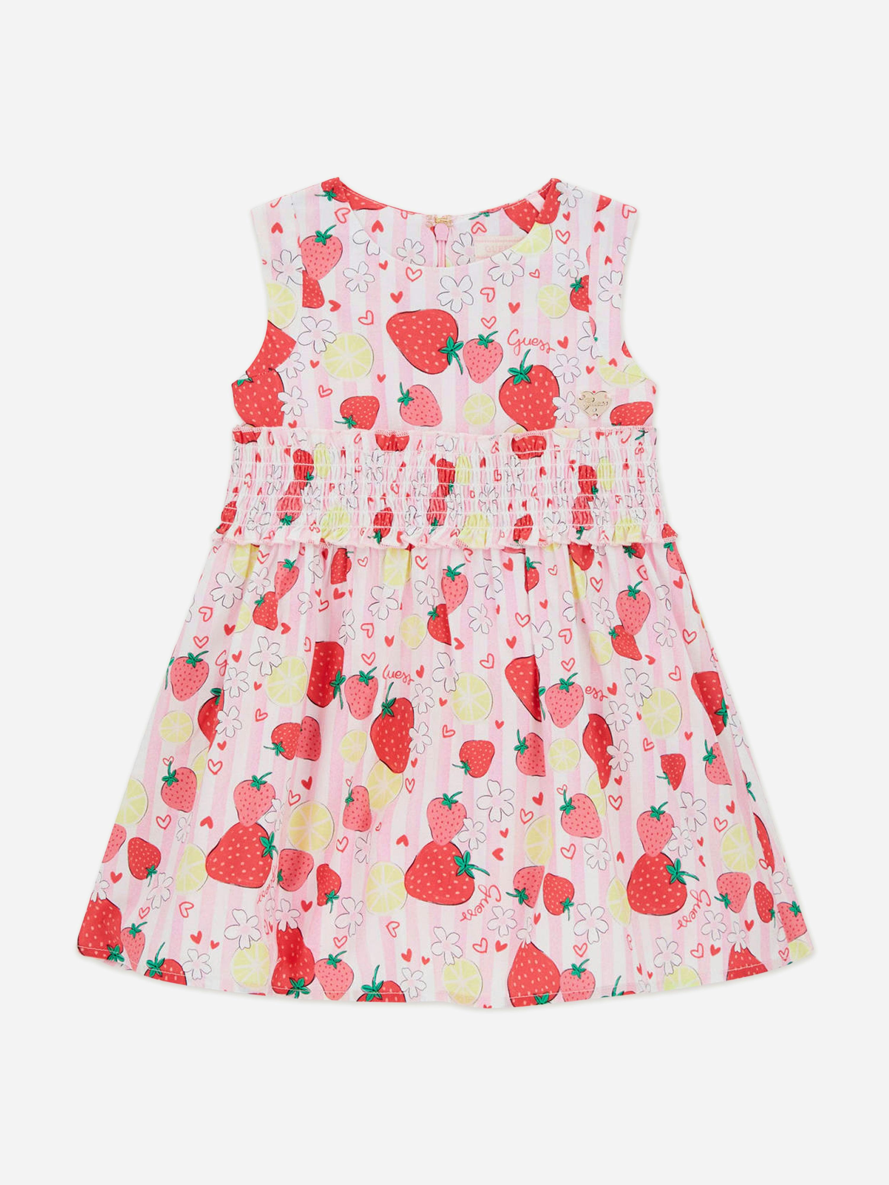Guess Girls Pink Poplin Sleeveless Strawberry Dress In - 5 Yrs