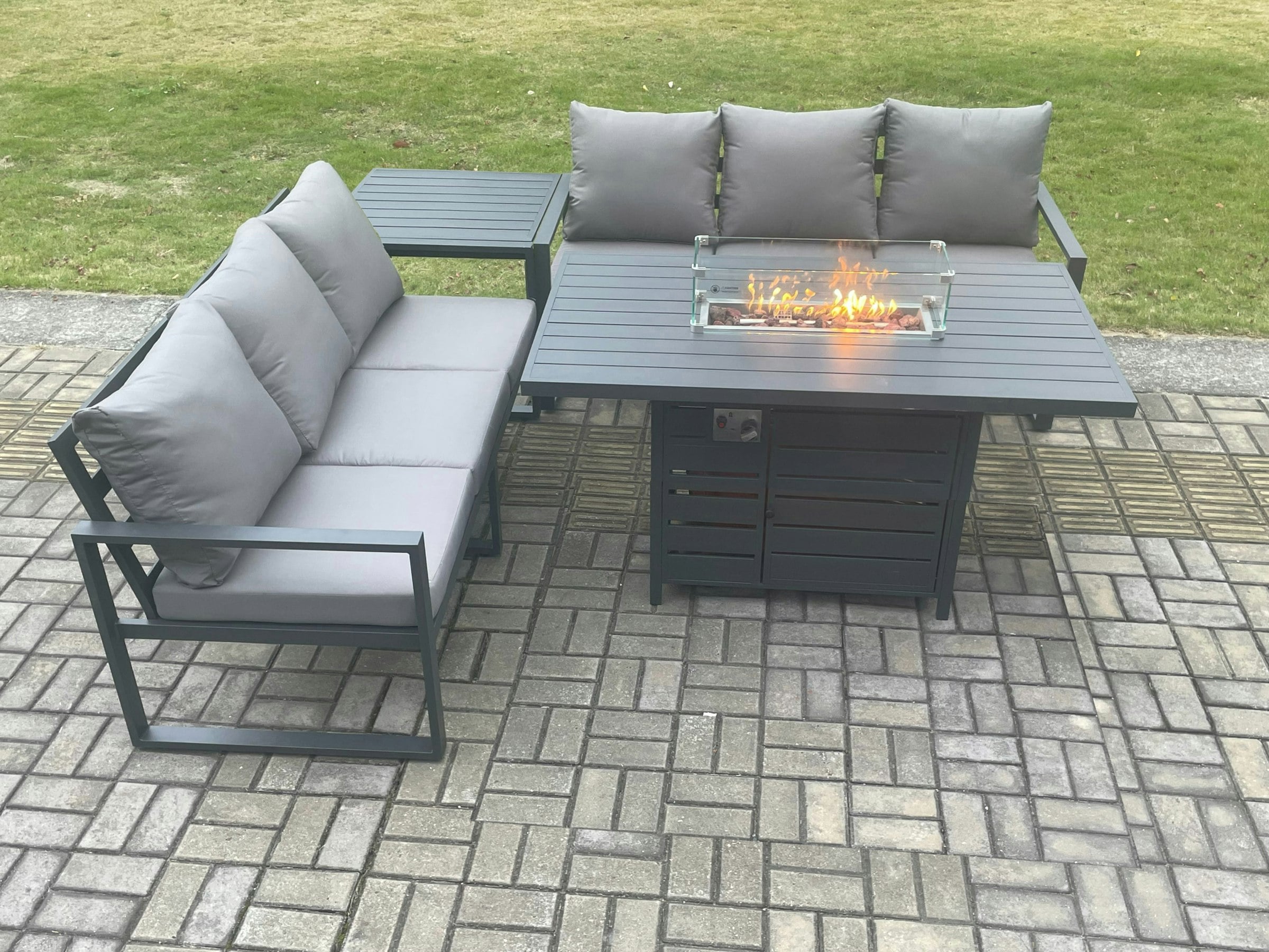 Fimous Dark/Grey Aluminium 6 Seater Outdoor Garden Furniture Lounge Sofa Set Gas Fire Pit Dining Table With Side Table