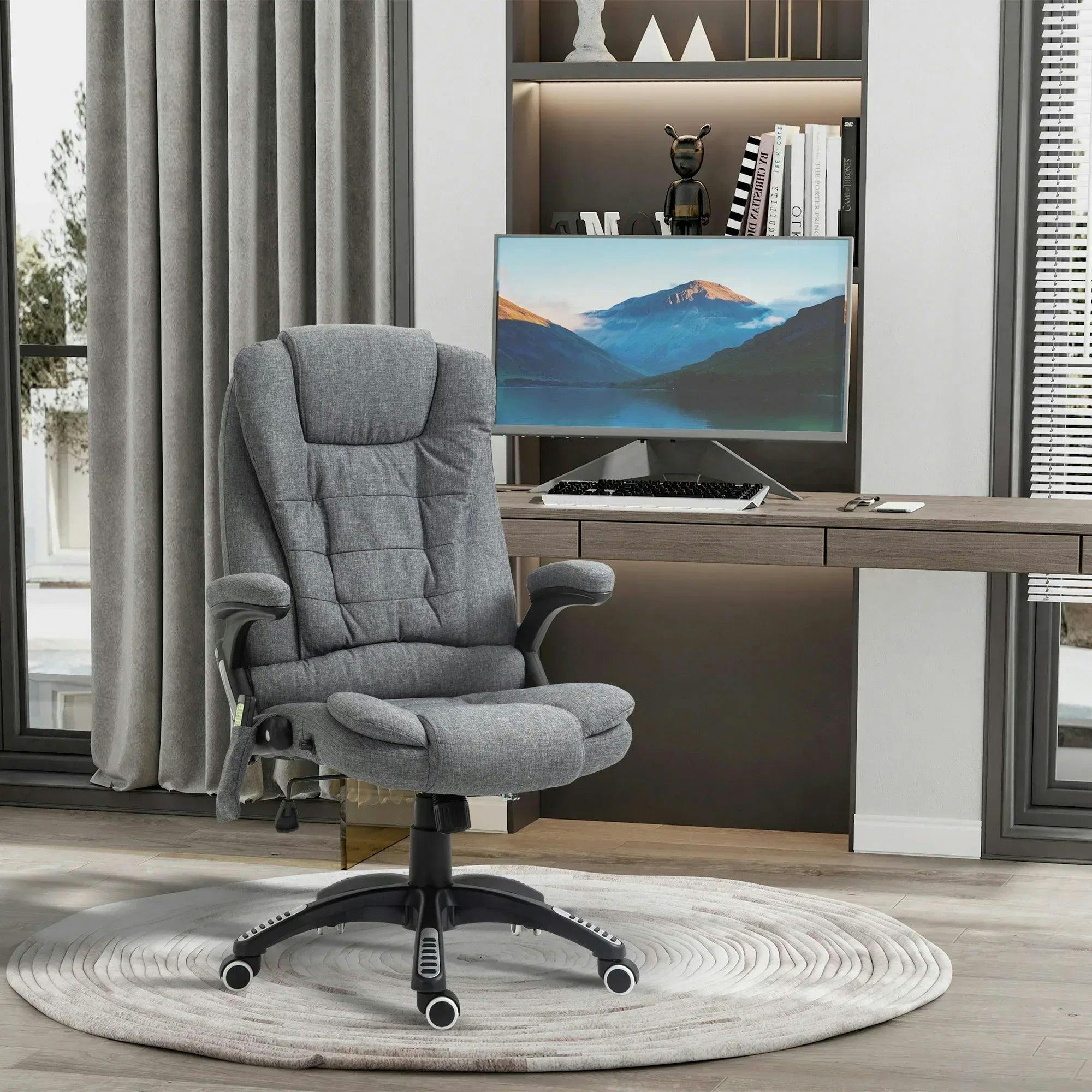 Rackhams Grey Massage Recliner Chair Heated Office Chair With Six Massage Points Linen-Feel Fabric 360° Swivel Wheels