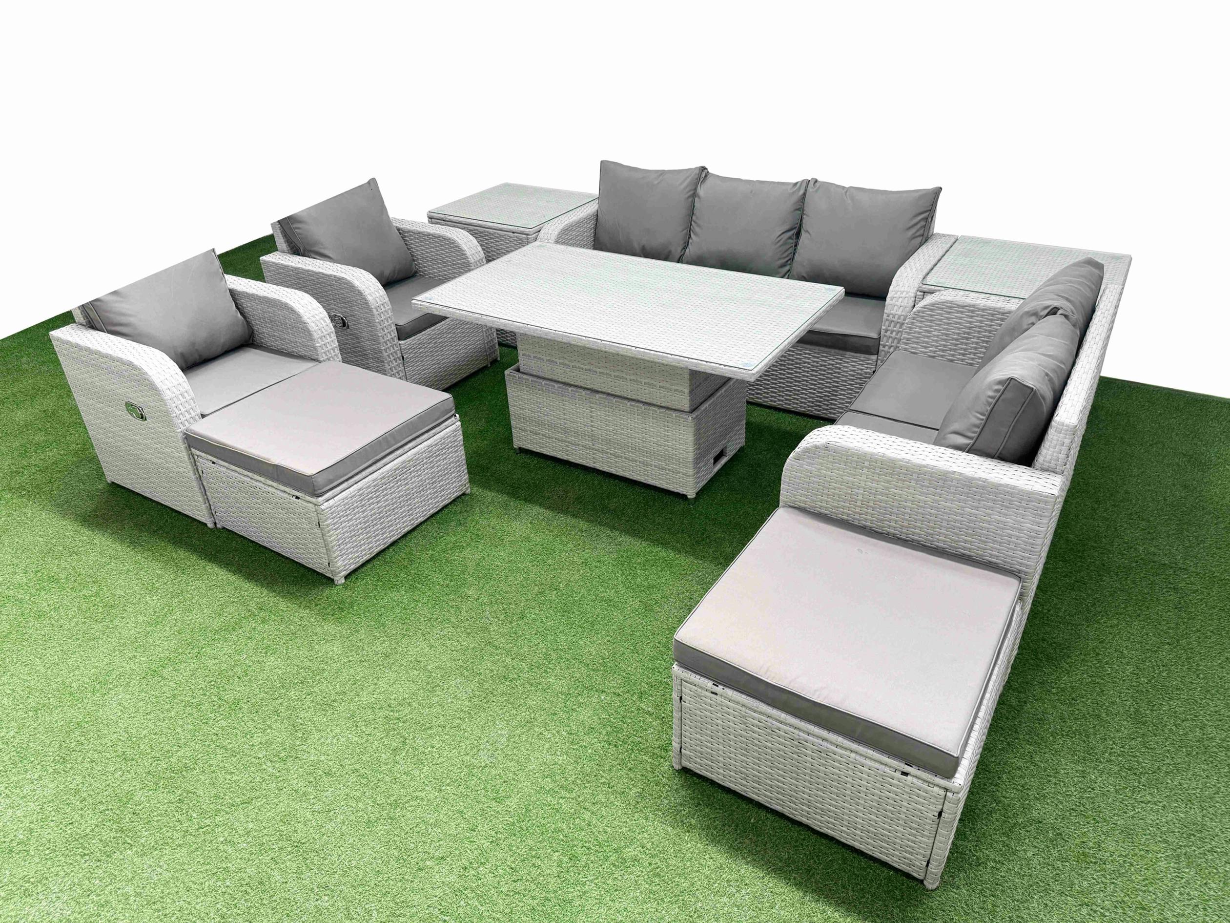 Rackhams Light/Grey 7 Seater Rattan Sofa Set With Adjustable Height Table, 2 Sofas, 2 Reclining Chairs, 2 Footstools & 2 Side Tables