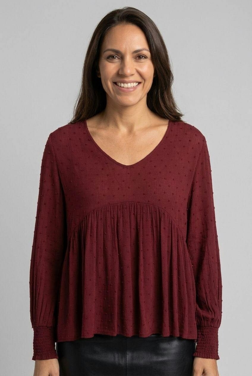 Izabel London Burgundy Textured Long Sleeve Ruched Blouse - 18