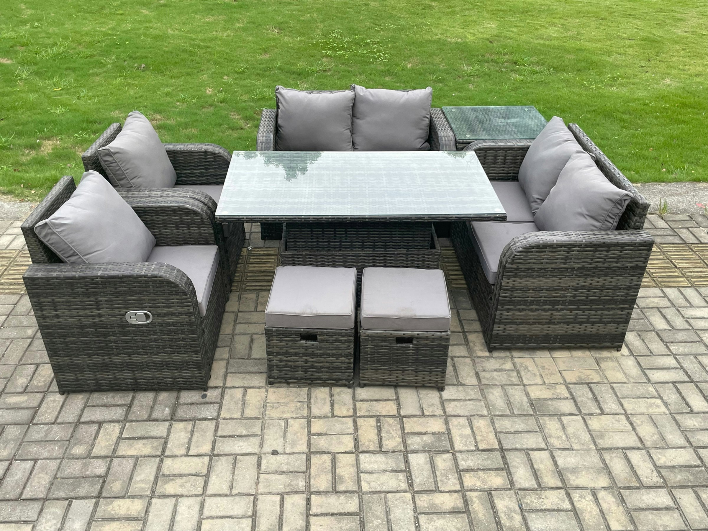 Rackhams Outdoor Rattan Garden Furniture Set Patio Height Adjustable Rising Lifting Dining Table Love Sofa With Side Table 2 Footstools