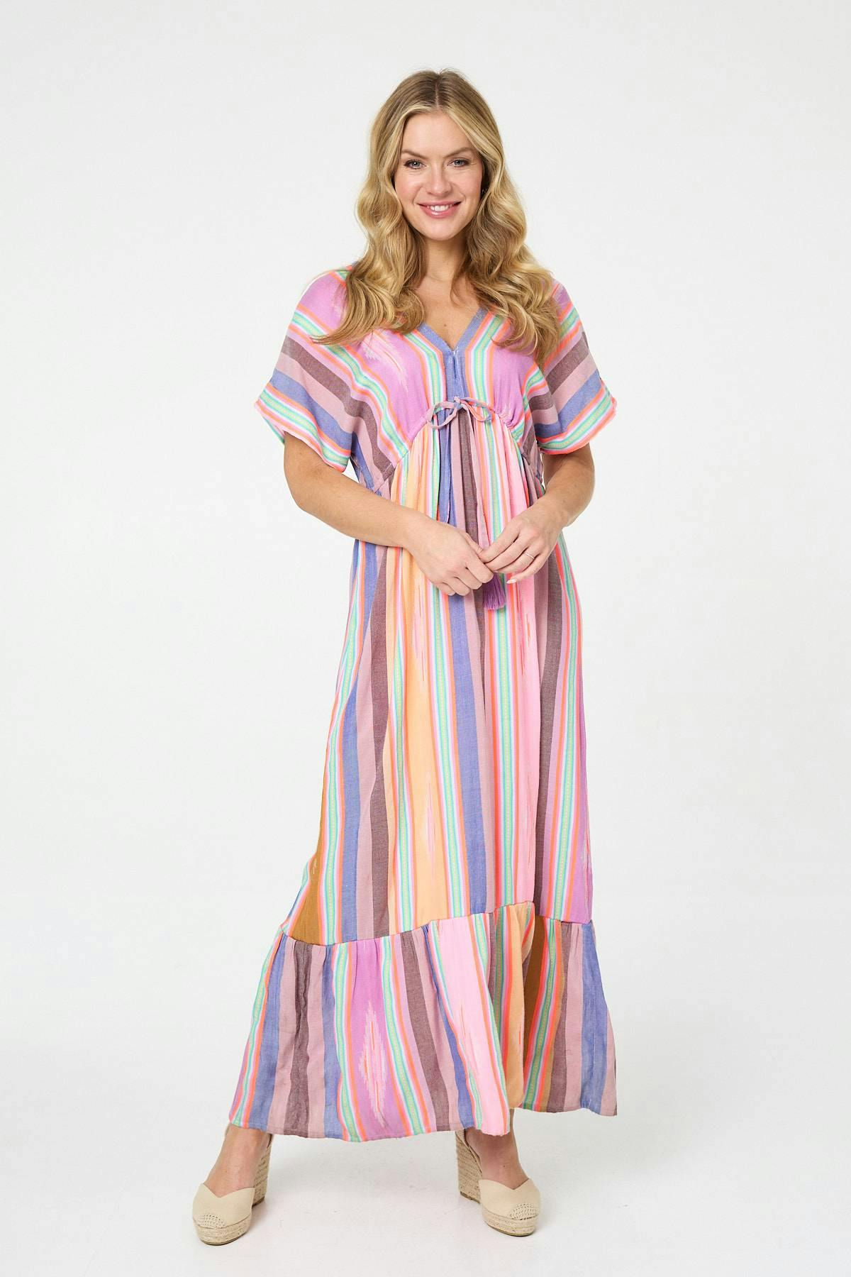 Izabel London Pink Striped 1/2 Sleeve Empire Maxi Dress - 8
