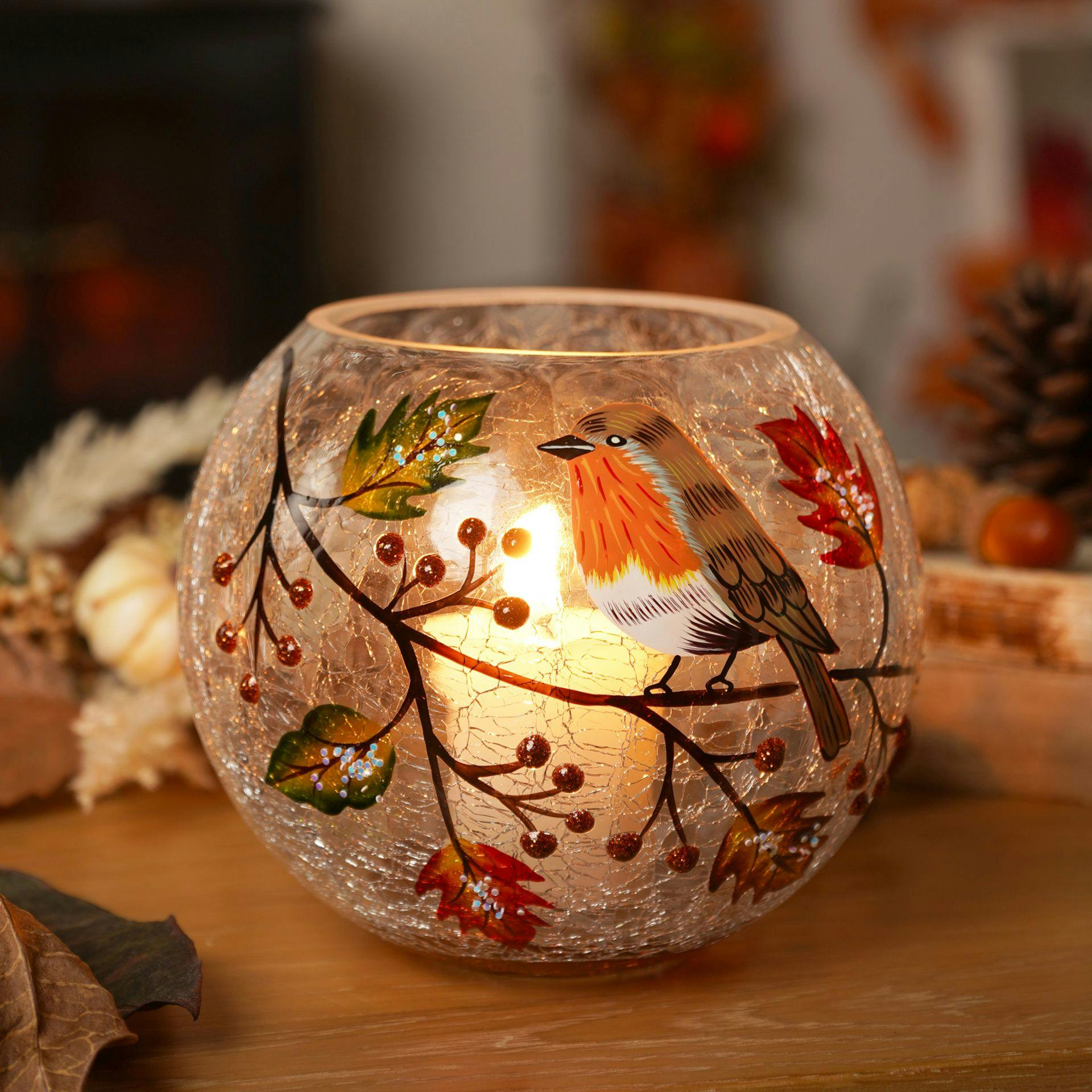 Rackhams Green/Red/Brown Autumn Robin Votive Holder