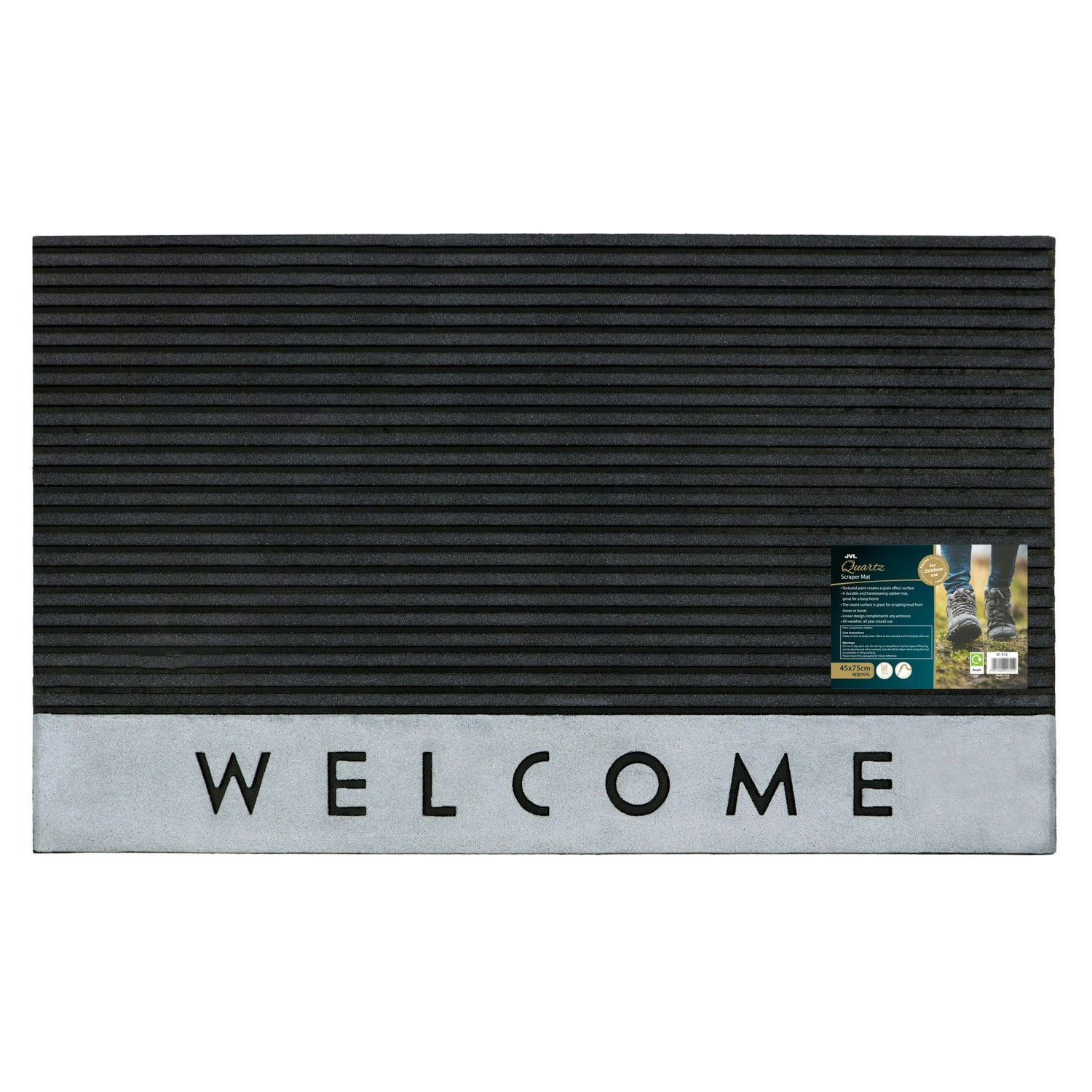 Rackhams Black Quartz Welcome Scraper Rubber Doormat 45X75cm,