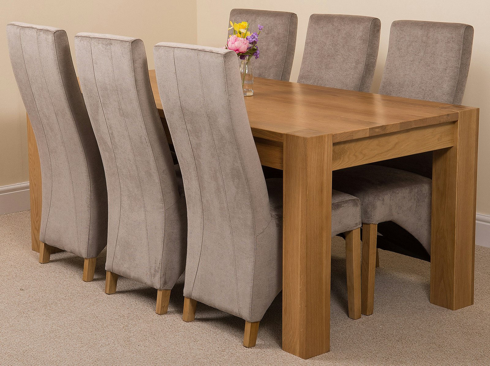 Rackhams Grey Kuba Large Oak Dining Table With Lola Fabric Chairs - 6 Chairs