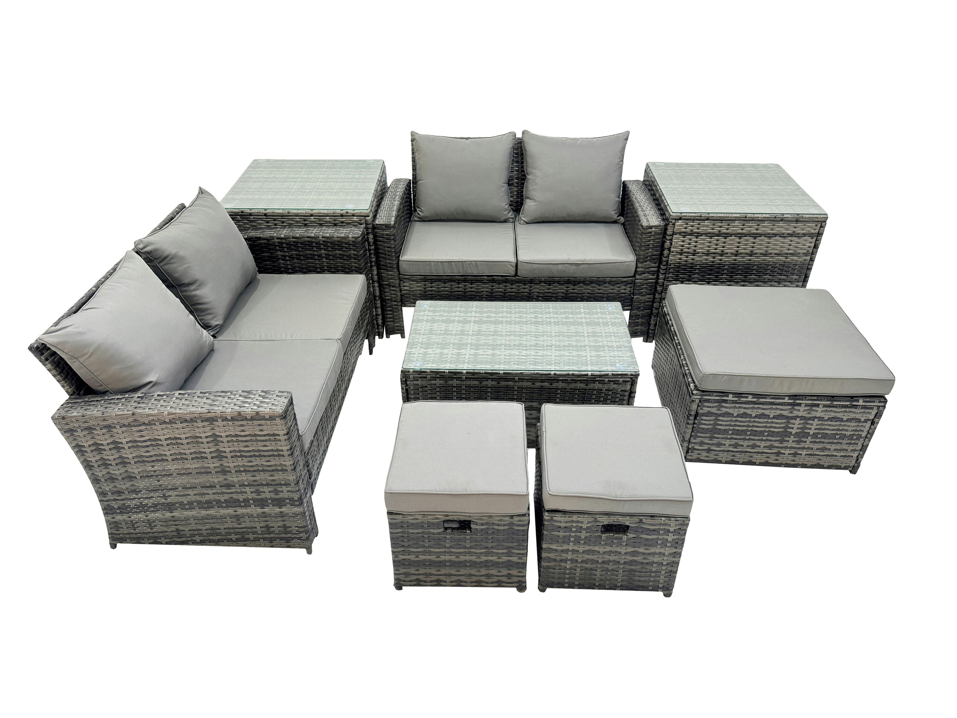 Rackhams Dark/Grey Pe Rattan Garden Furniture Set Lounge Double Seat Sofa Coffee Table Set With 2 Side Tables 3 Stools Mixedmixed