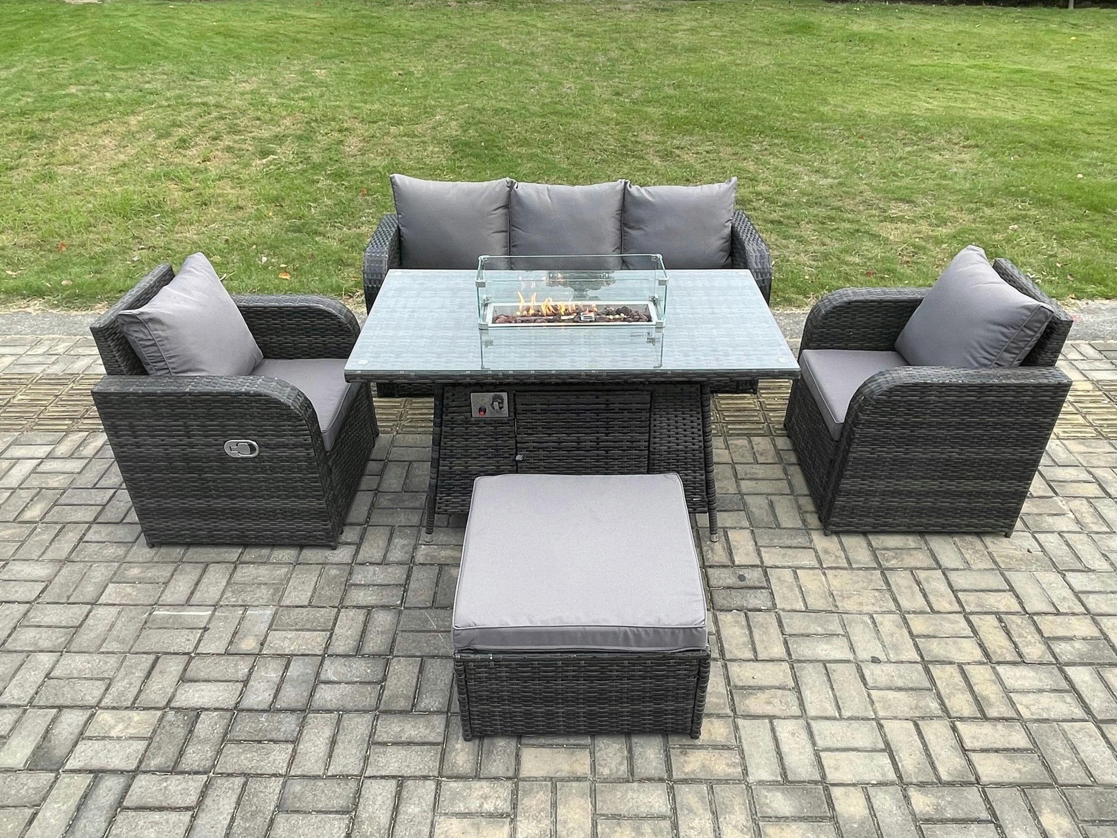 Fimous Dark/Grey Patio Outdoor Rattan Garden Furniture Set Propane Gas Fire Pit Table Burner With Lounge Sofa Footstool