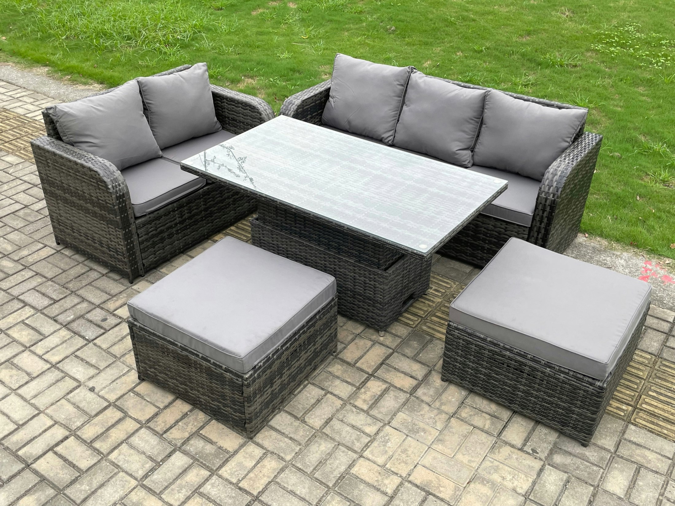 Rackhams Dark/Grey Outdoor Rattan Garden Furniture Sets Height Adjustable Rising Lifting Dining Table Lounge Sofa Set With 2 Big Footstool Mixed