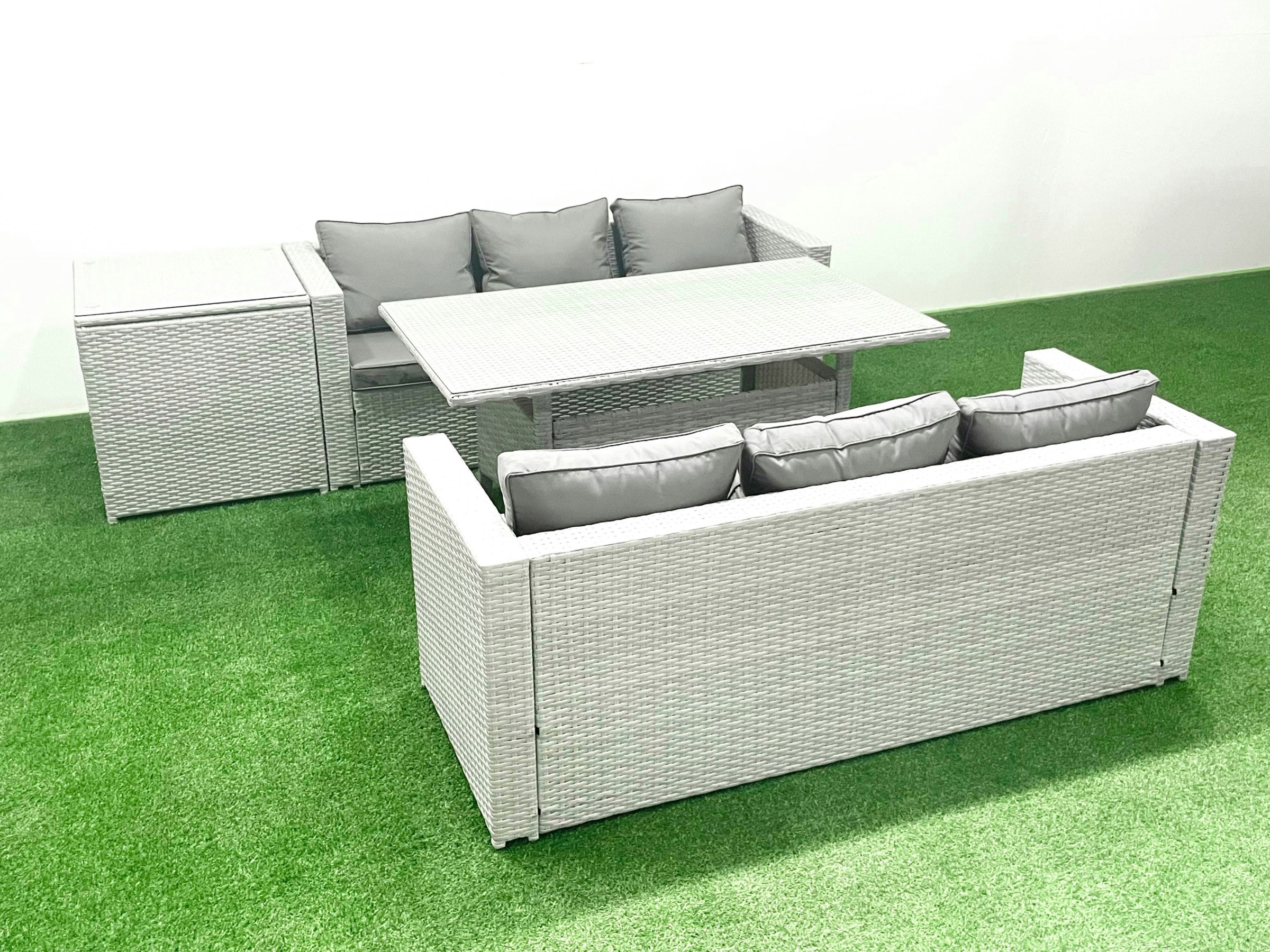 Rackhams Light/Grey Rattan Garden Furniture Set 6 Seater Outdoor Sofa Set With Dining Table Side Table Mixed