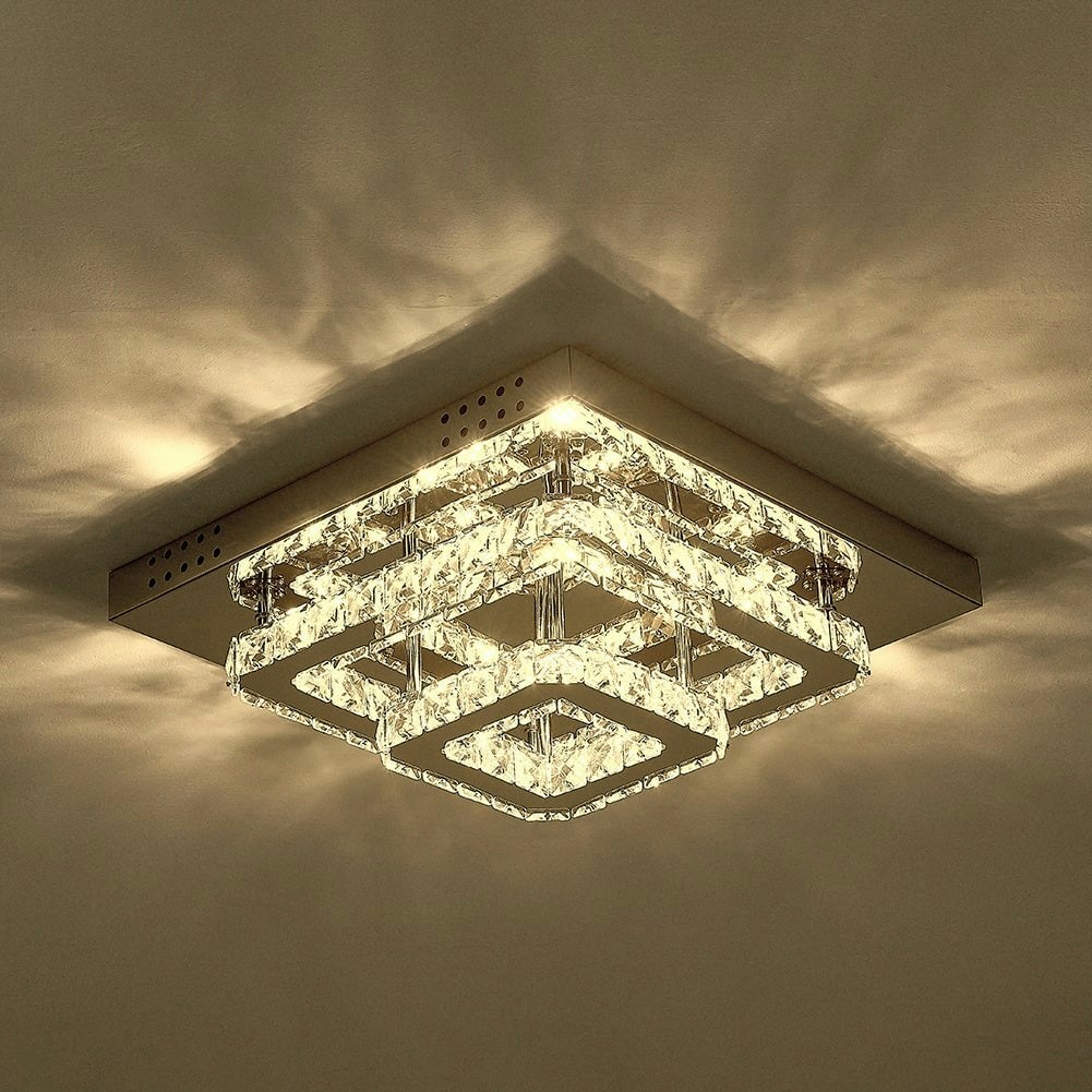 Rackhams Light Modern 2-Tier Crystal Led Ceiling Fixture Dimmable/Non-Dimmable - W 40 X L 40 X H 14 Cm - Dimmable (Warm Glow)