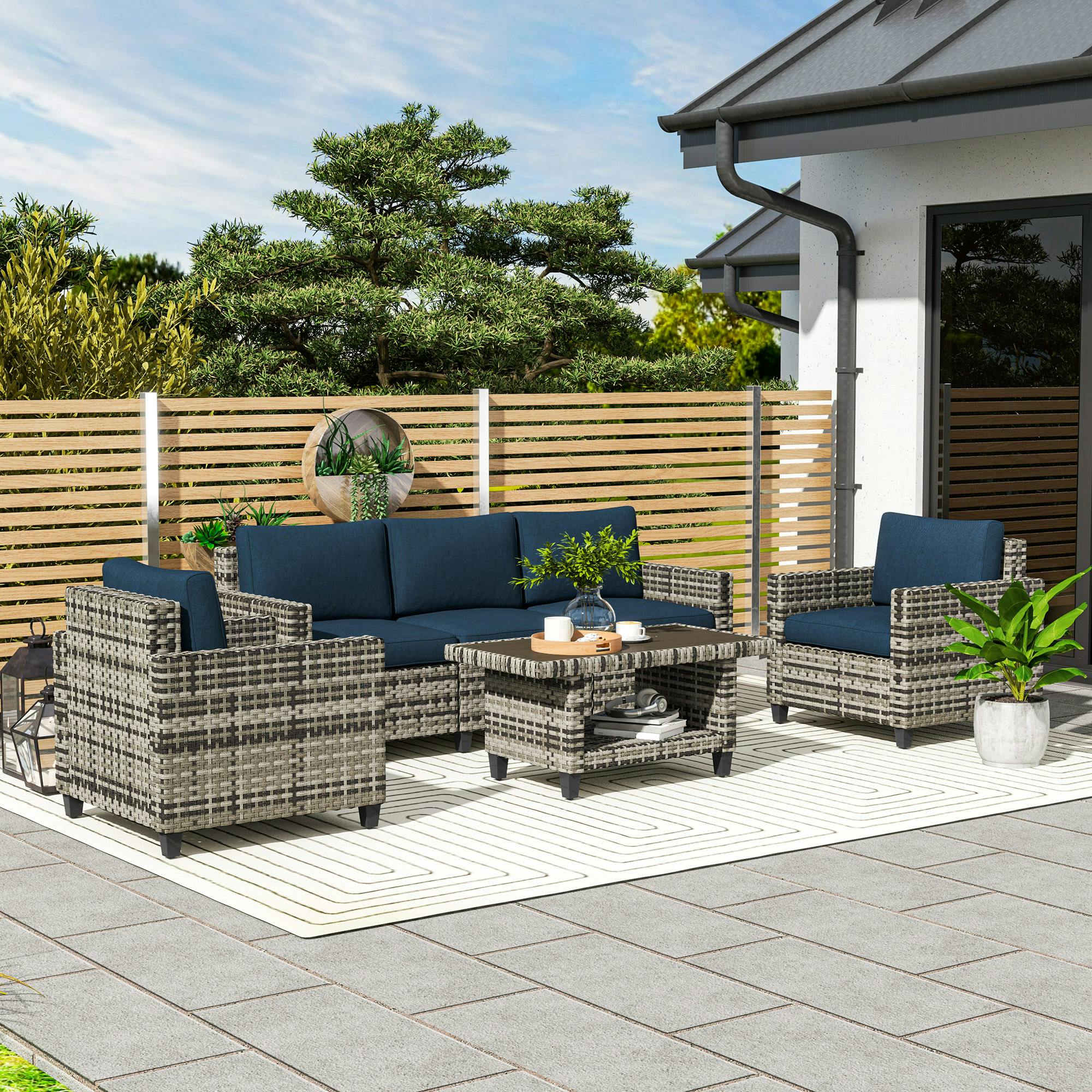 Outsunny Blue/Dark/Grey 5 Seater Wicker Outdoor Furniture Set For Balcony, Navy