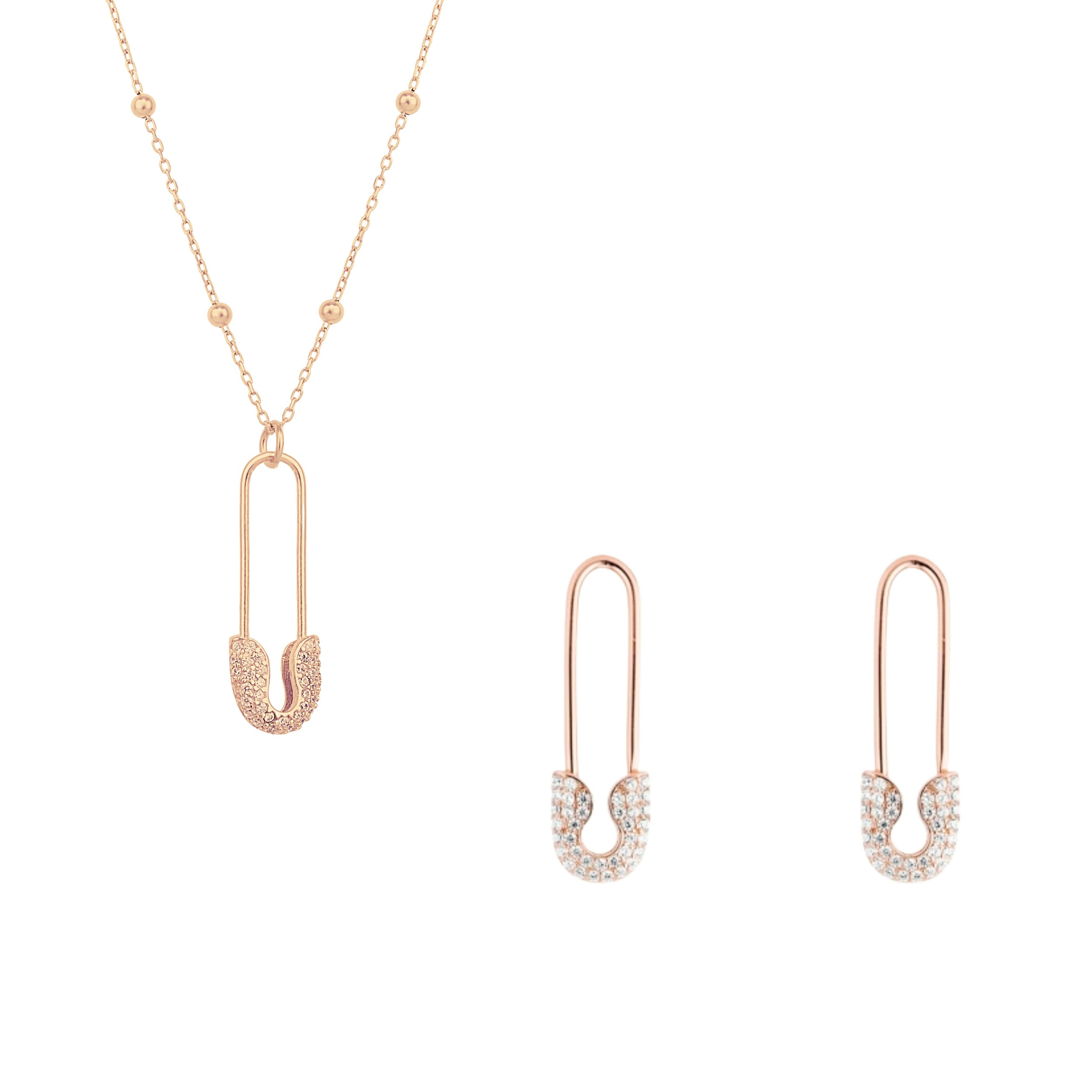 Spero London Silver/Gold Sterling Jewelled Safety Pin Necklace With Beaded Chain And Earring Set - Rose - Rose