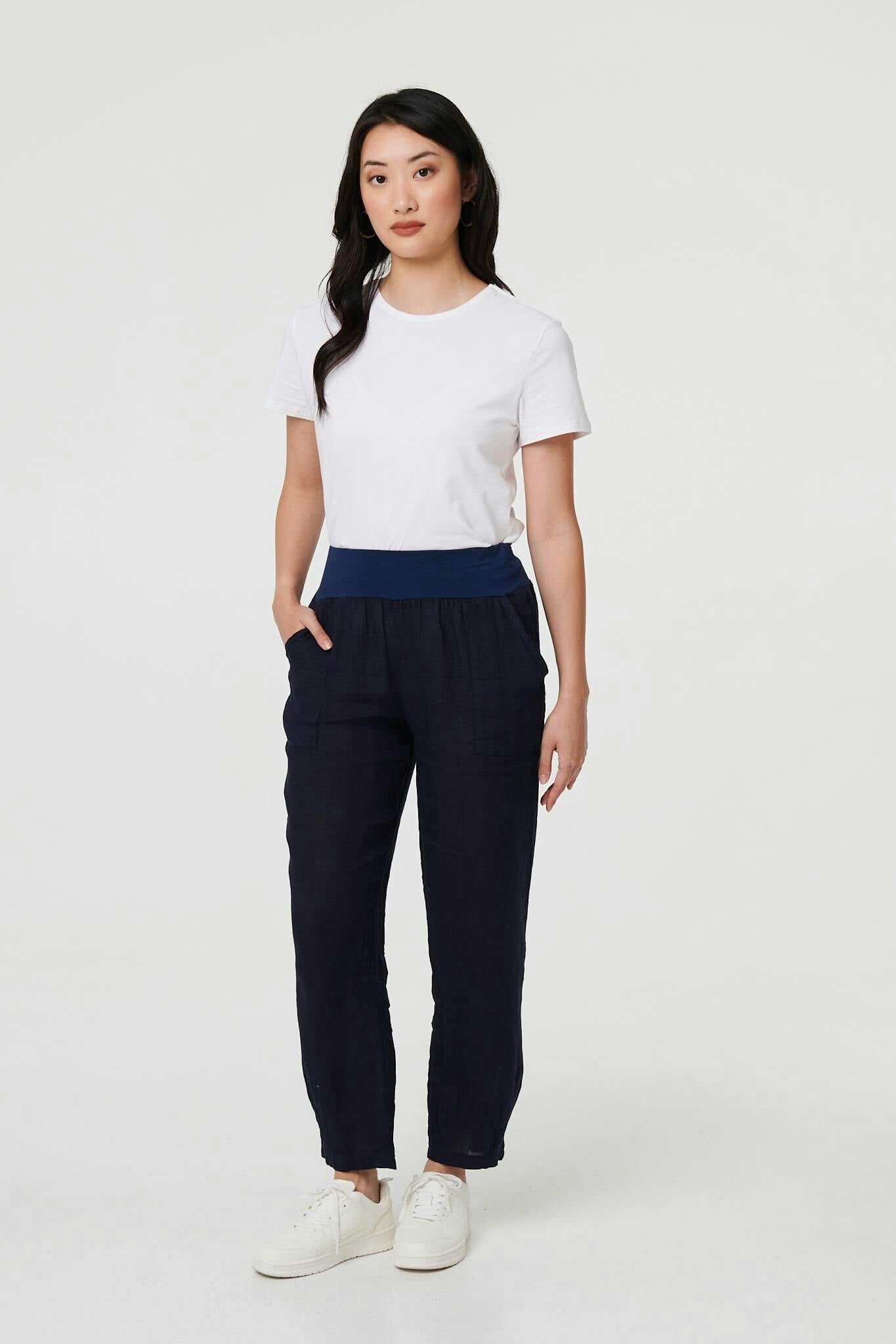 Izabel London Relaxed Linen Blend Tapered Trousers - Navy - 10