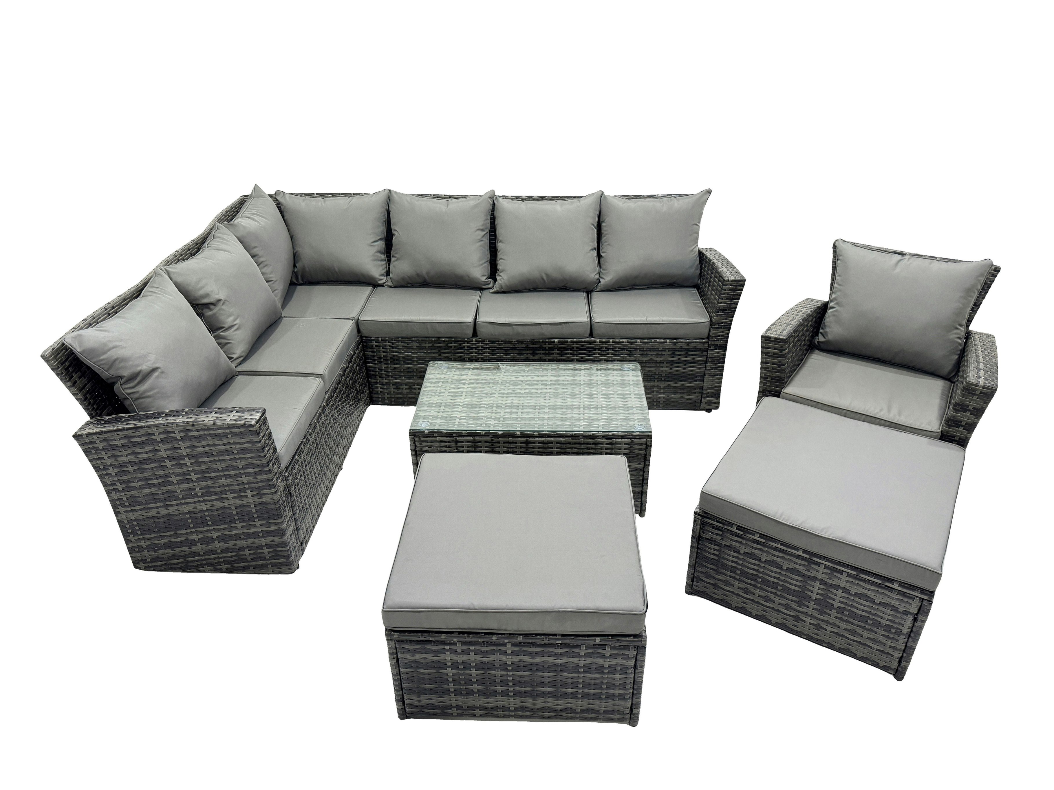 Rackhams Dark/Grey 9 Seat Rattan High Back Corner Sofa Set Patio Coffee Table Set With 2 Big Stools Mixed
