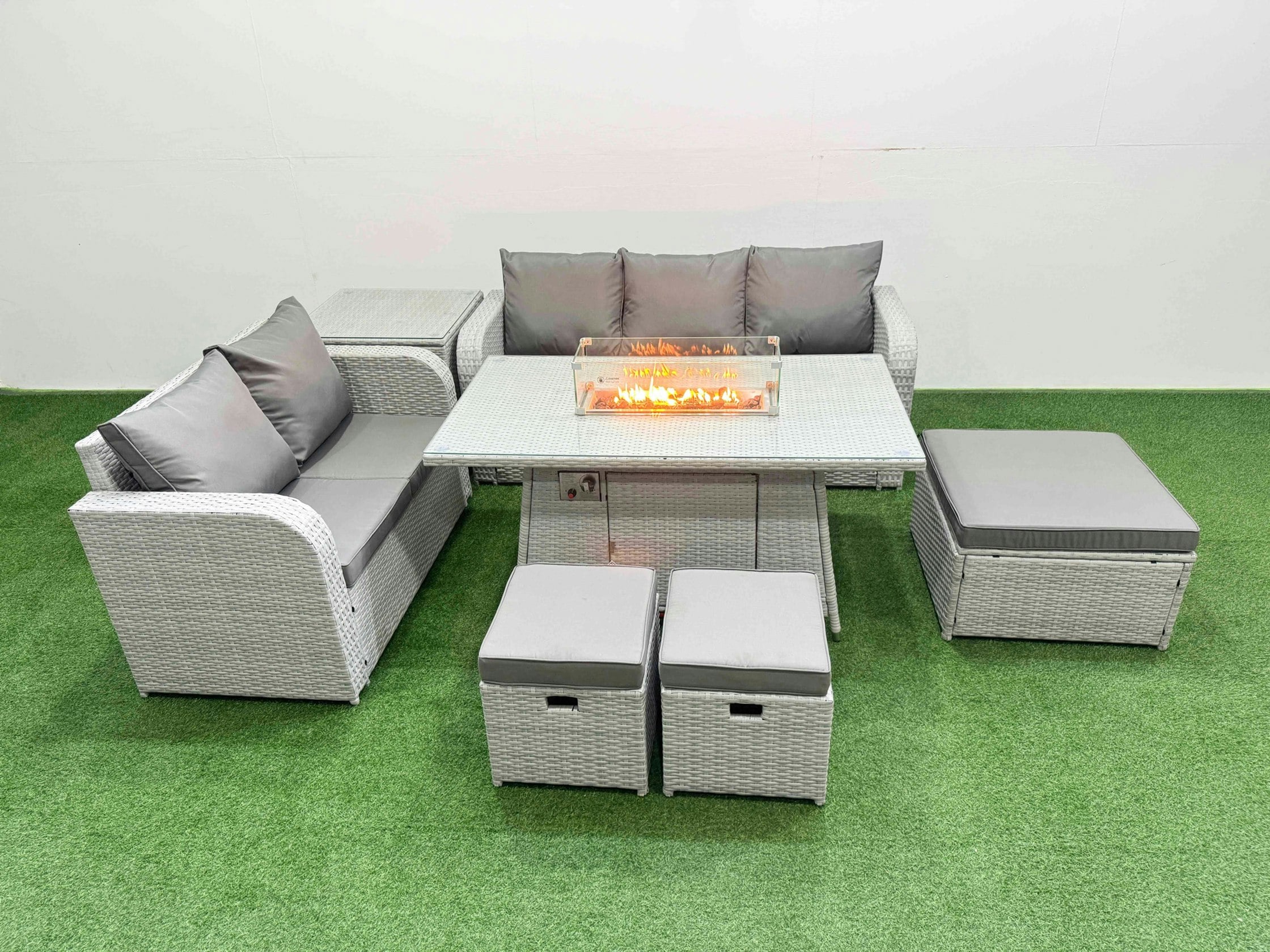 Rackhams Light/Grey/Dark 8 Seater Pe Rattan Wicker Garden Furniture Patio Conservatory Sofa Set With Fire Pit Dining Table 3 Seater Sofa Love Sofa 3 Stool Side Table