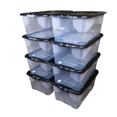 Rackhams Black 8 X 42L Clear Storage Box With Lid, Stackable And Nestable Design Storage Solution