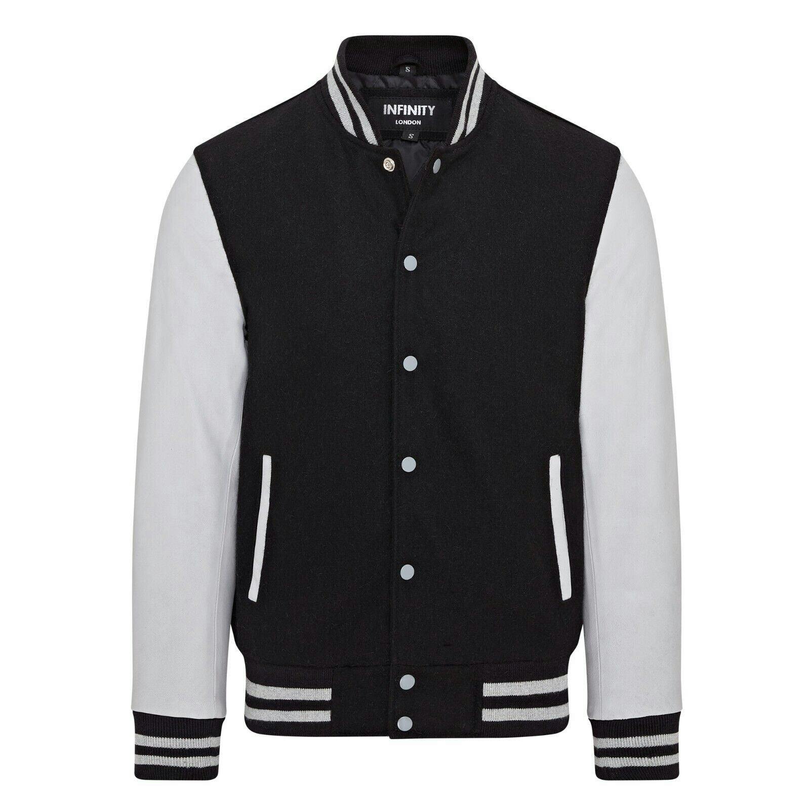 Infinity Leather Black/Grey Letterman Baseball Wool Leather Varsity Bomber Jacket - Genoa - Uk Xl | Eu 52 | Us 42
