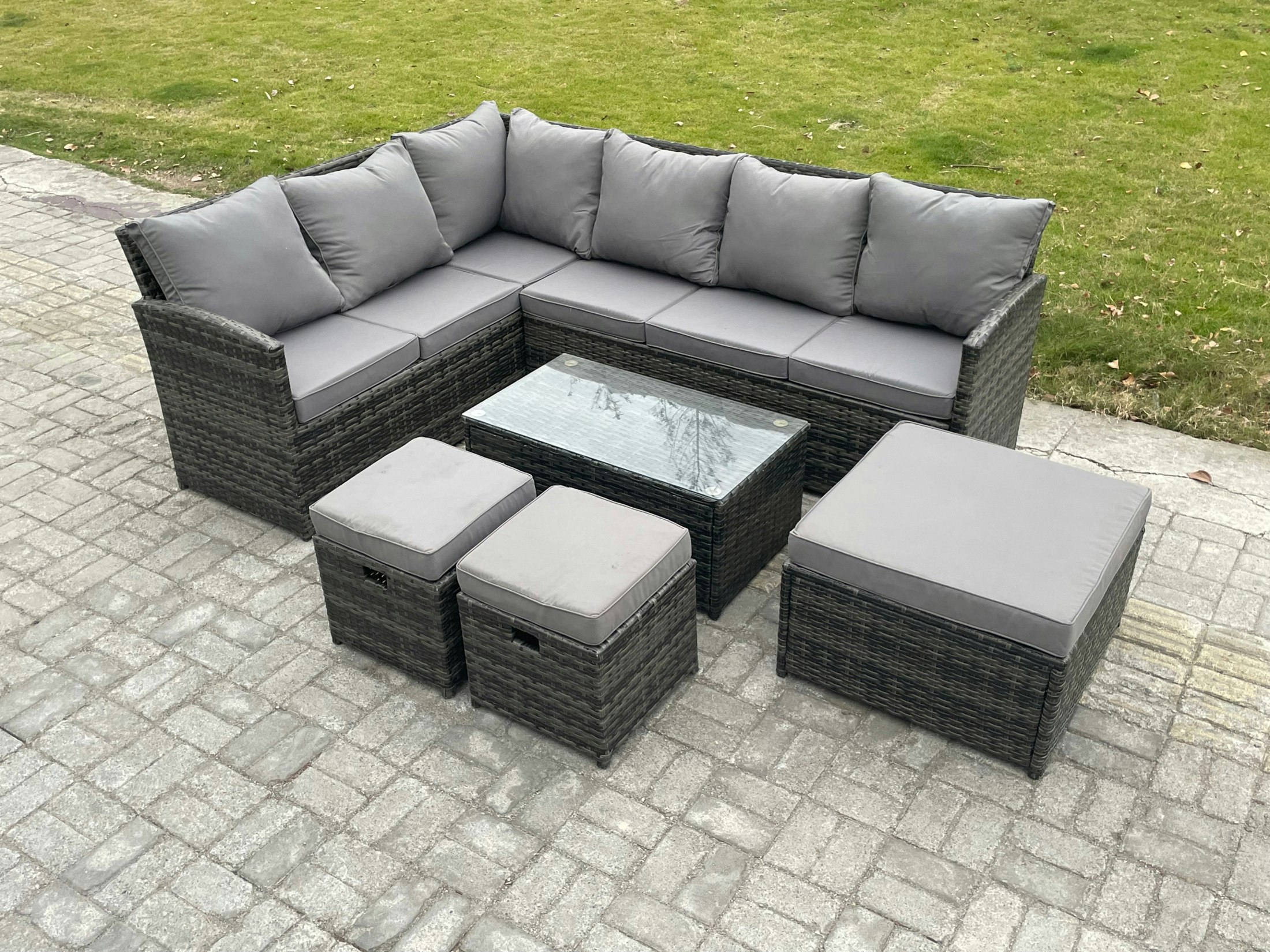 Fimous Dark/Grey 9 Seater Rattan Lounge Corner Sofa Set Wicker Pe Outdoor Garden Furniture Set With Coffee Table 3 Footstools Mixed