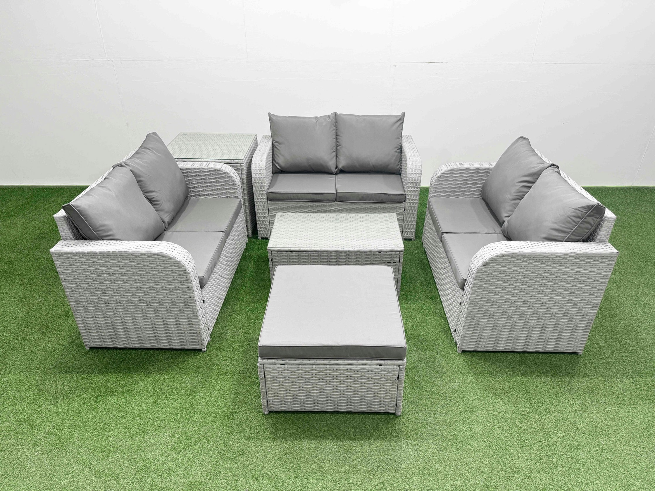 Fimous Light/Grey 6 Seater Pe Wicker Rattan Furniture Sofa Sets With Rectangular Coffee Table 2 Seater Love Sofa 2 Side Table
