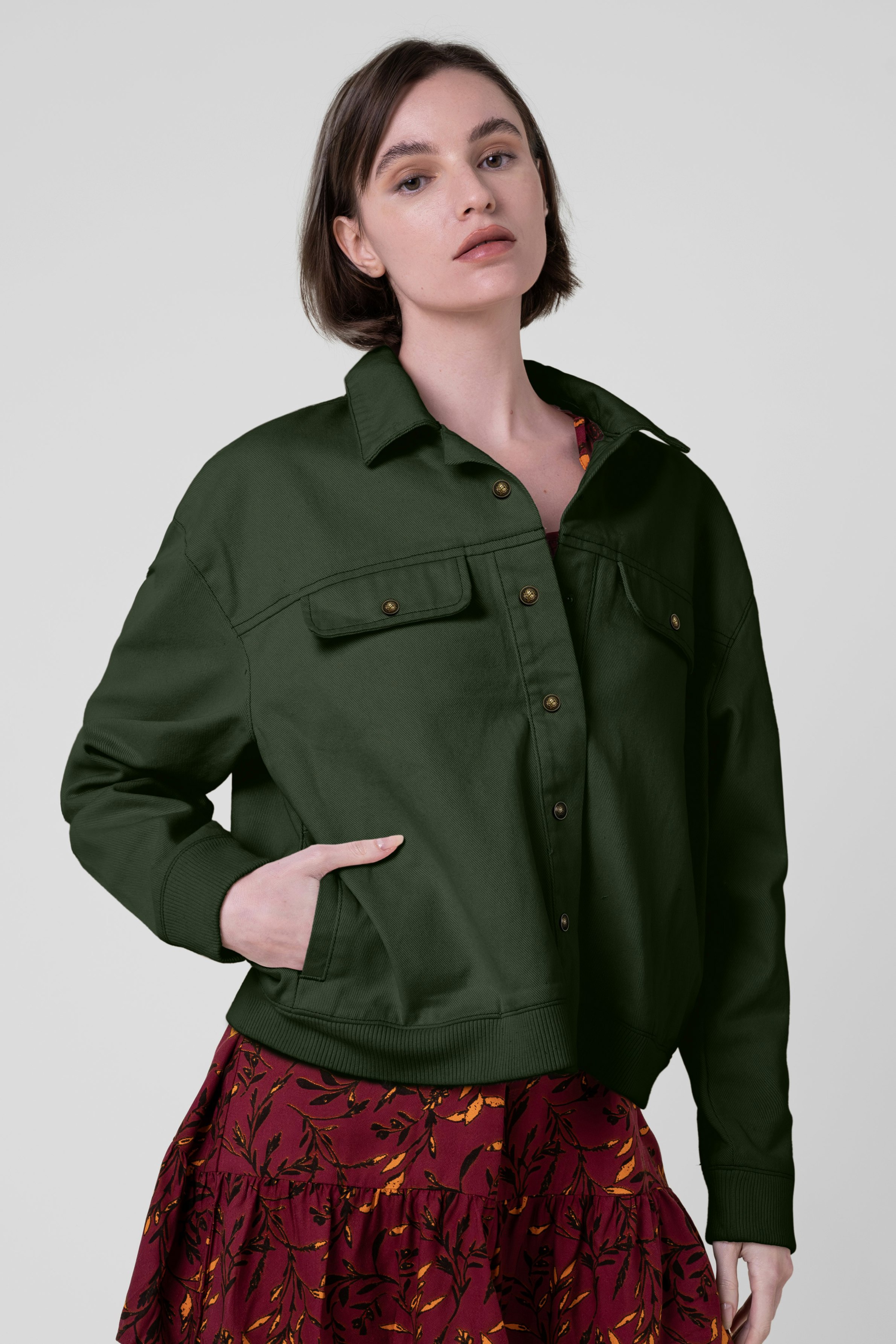 Enorsia Women's Green Flap Pocket Button Detail Jacket - 14 - 98% Cotton, 2% Spandex