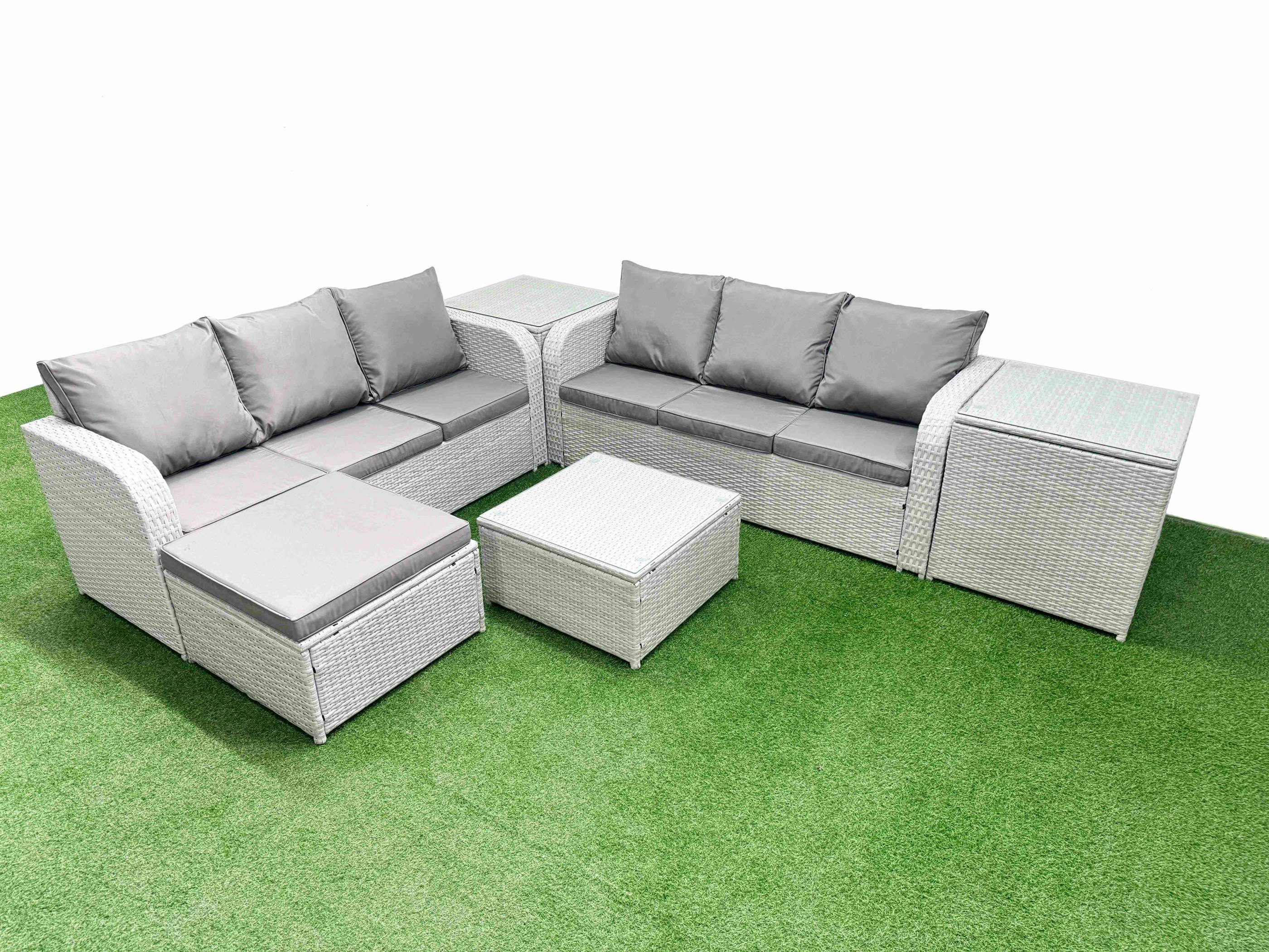 Fimous Light/Grey 7 Seater Outdoor Rattan Set, Wicker, Square Coffee Table, High Back Lounge Sofa, Big Footstool And 2 Side Tables,