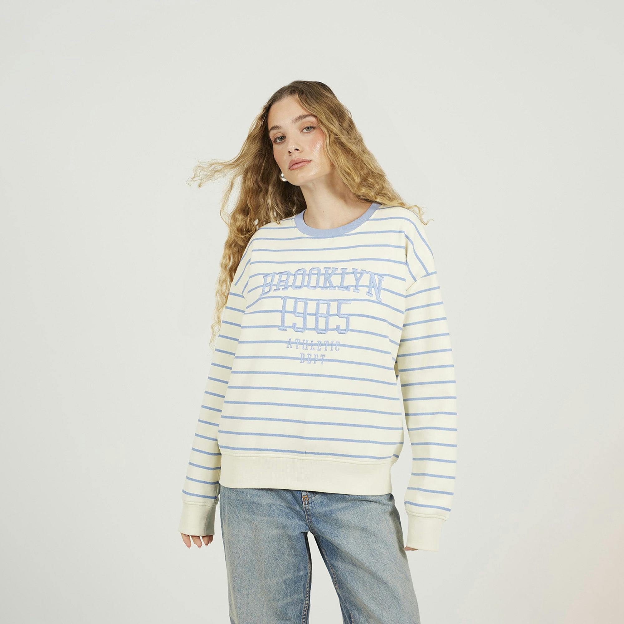 Brave Soul Cream Stripe Embroidered Crew Neck Sweatshirt - L