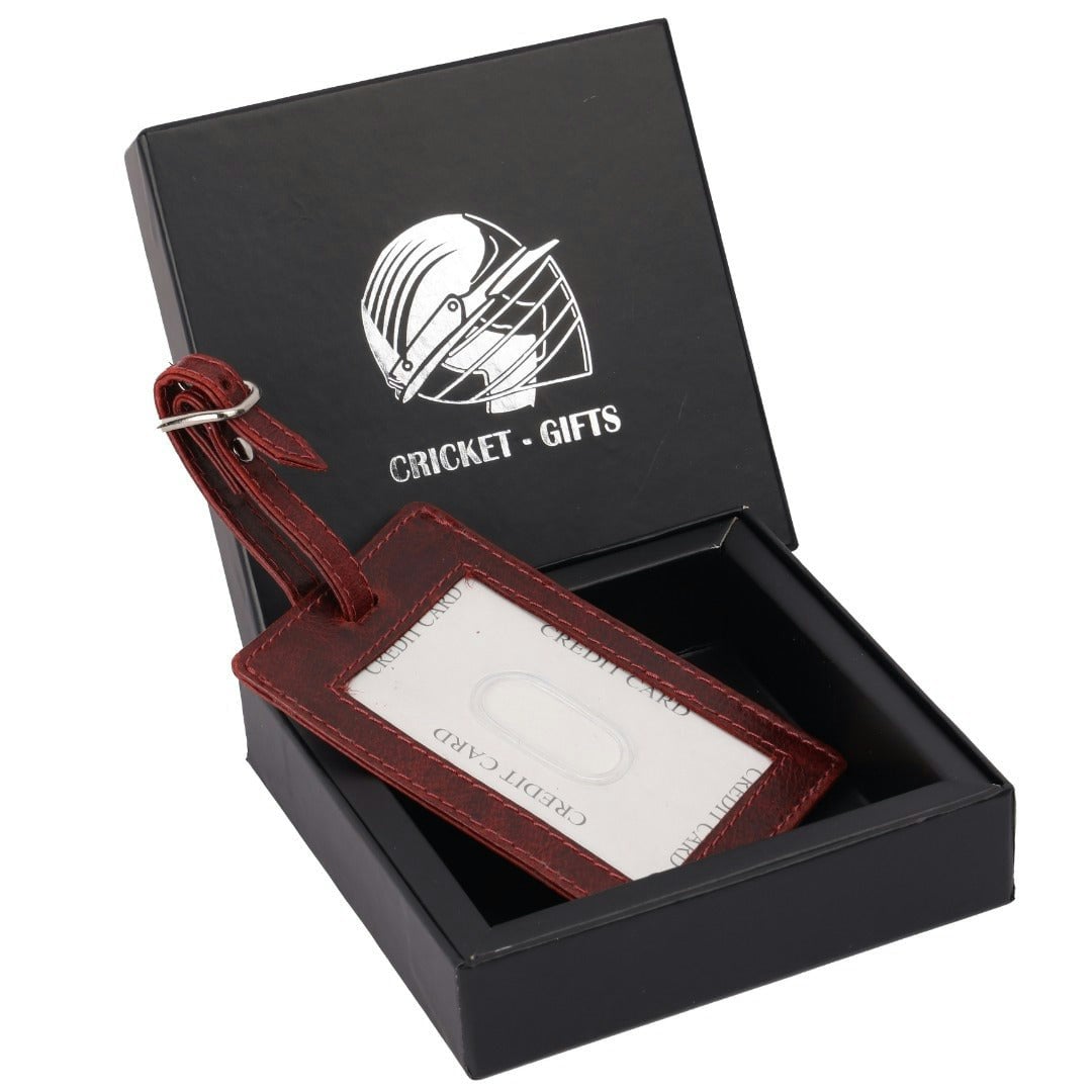 Cricket-Gifts Red/White - Buffalo Leather Luggage Tag | With Cricket Ball Stitching