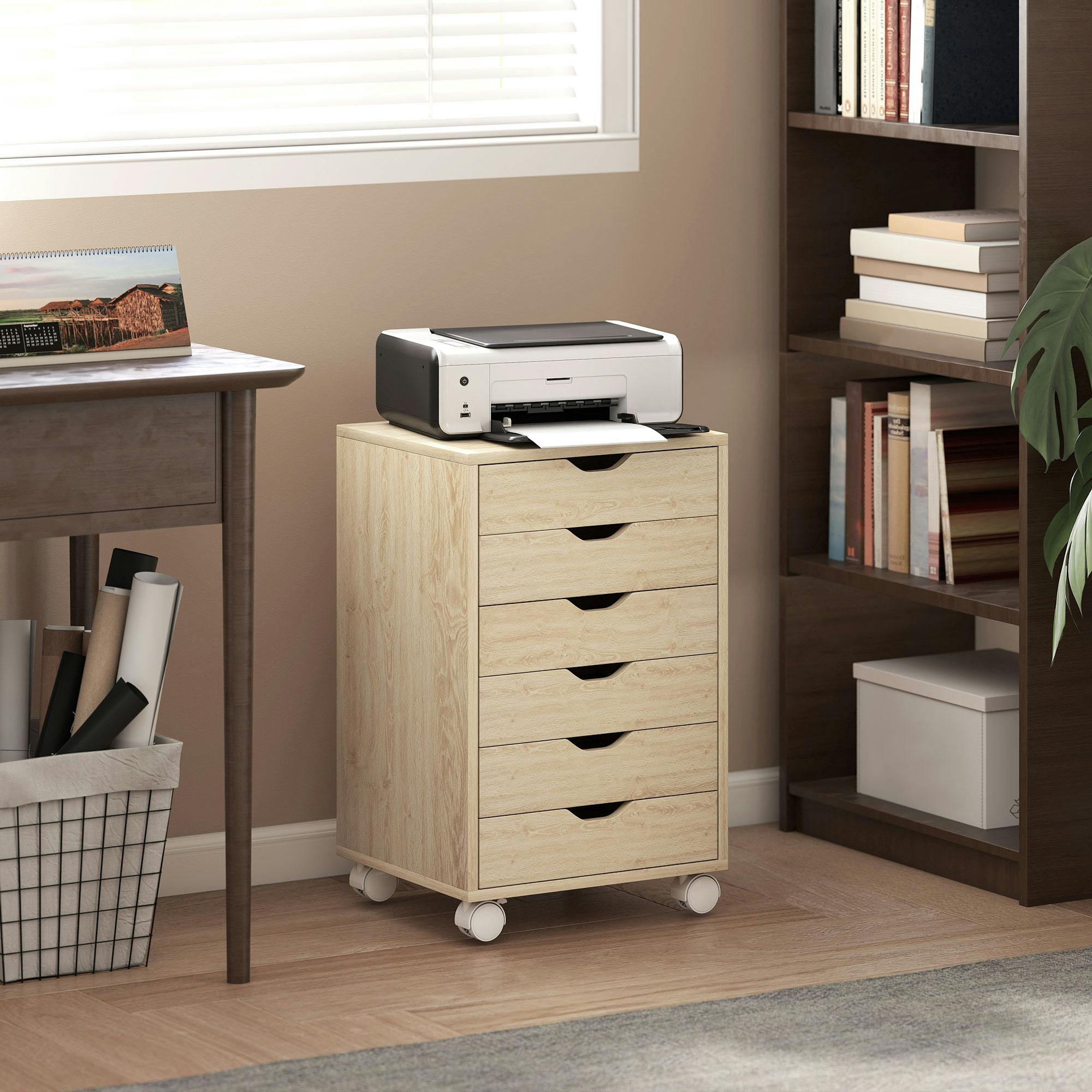 Homcom 6 Drawer Vertical File Cabinet With Quiet Drawers And Wheels, Oak