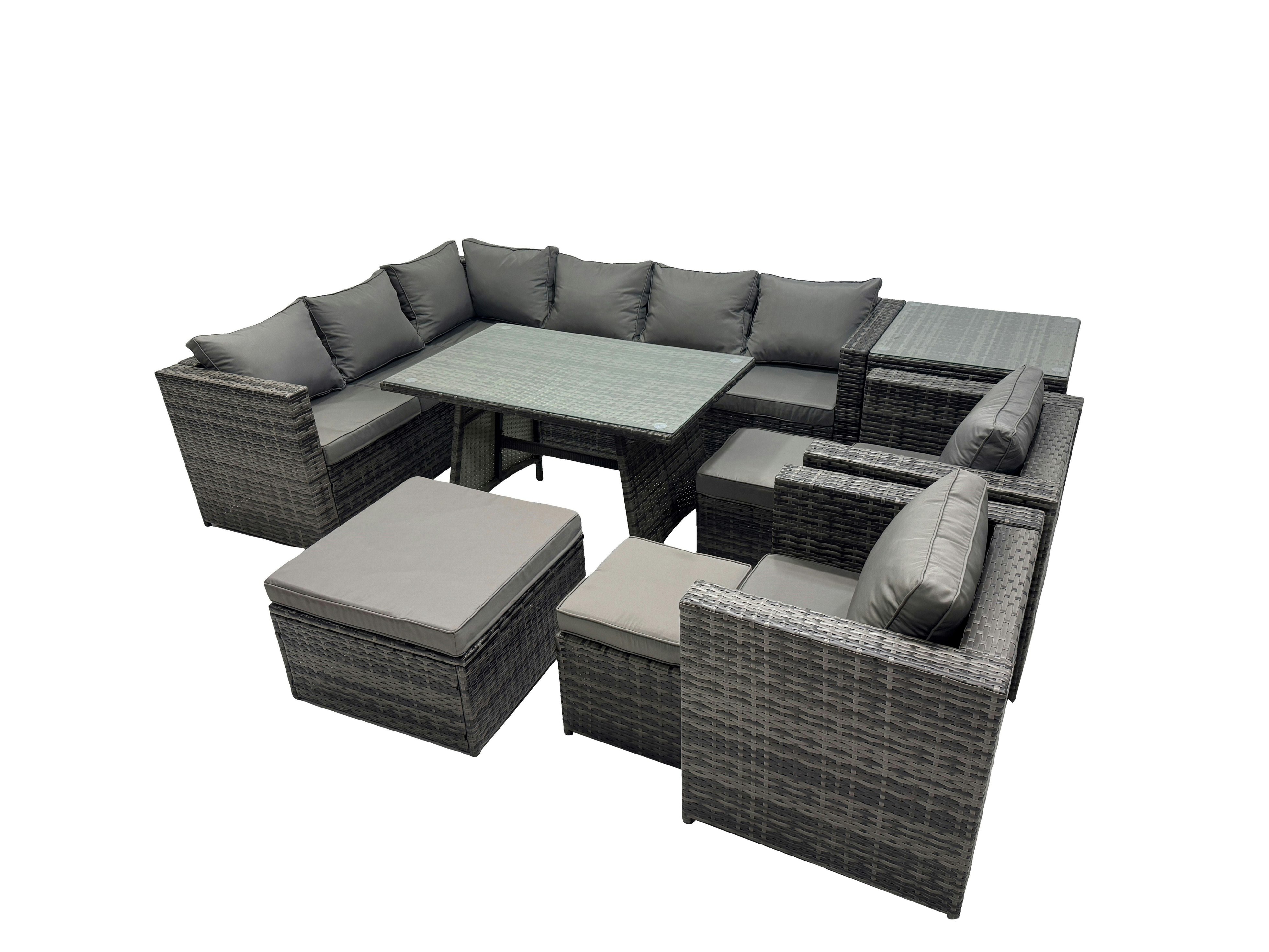 Fimous Dark/Grey 11 Seater Outdoor Pe Rattan Sofa Set With Dining Table Patio Garden Furniture Sets With 2 Chair 3 Stools Side Table Mixed