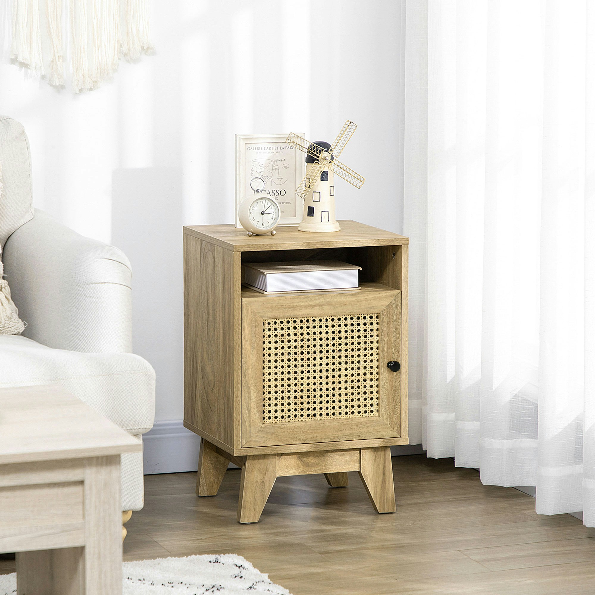 Rackhams Nightstand, Rattan Bedside Table W/ Cabinet, Shelf, Natural