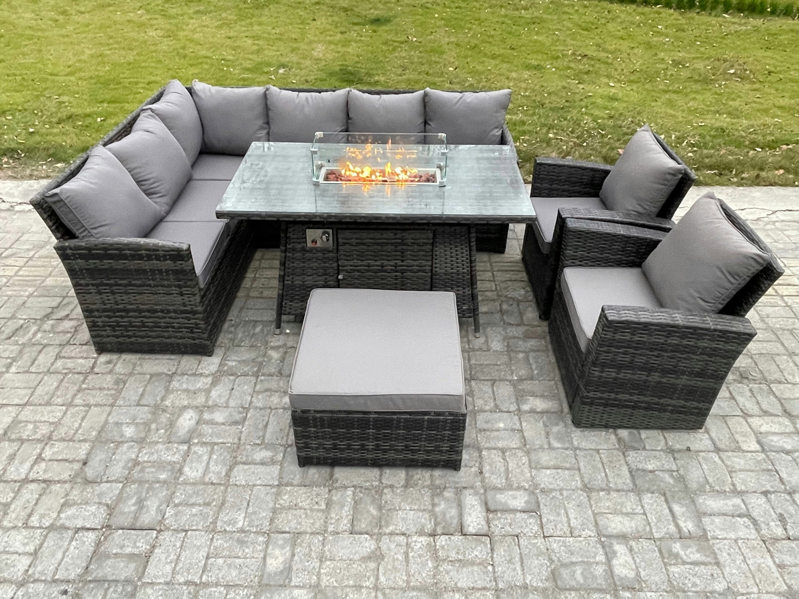 Rackhams Dark/Grey 9-Seater Rattan Corner Sofa Dining Set | Outdoor Gas Fire Pit Table & Heater, Armchair, Footstool |