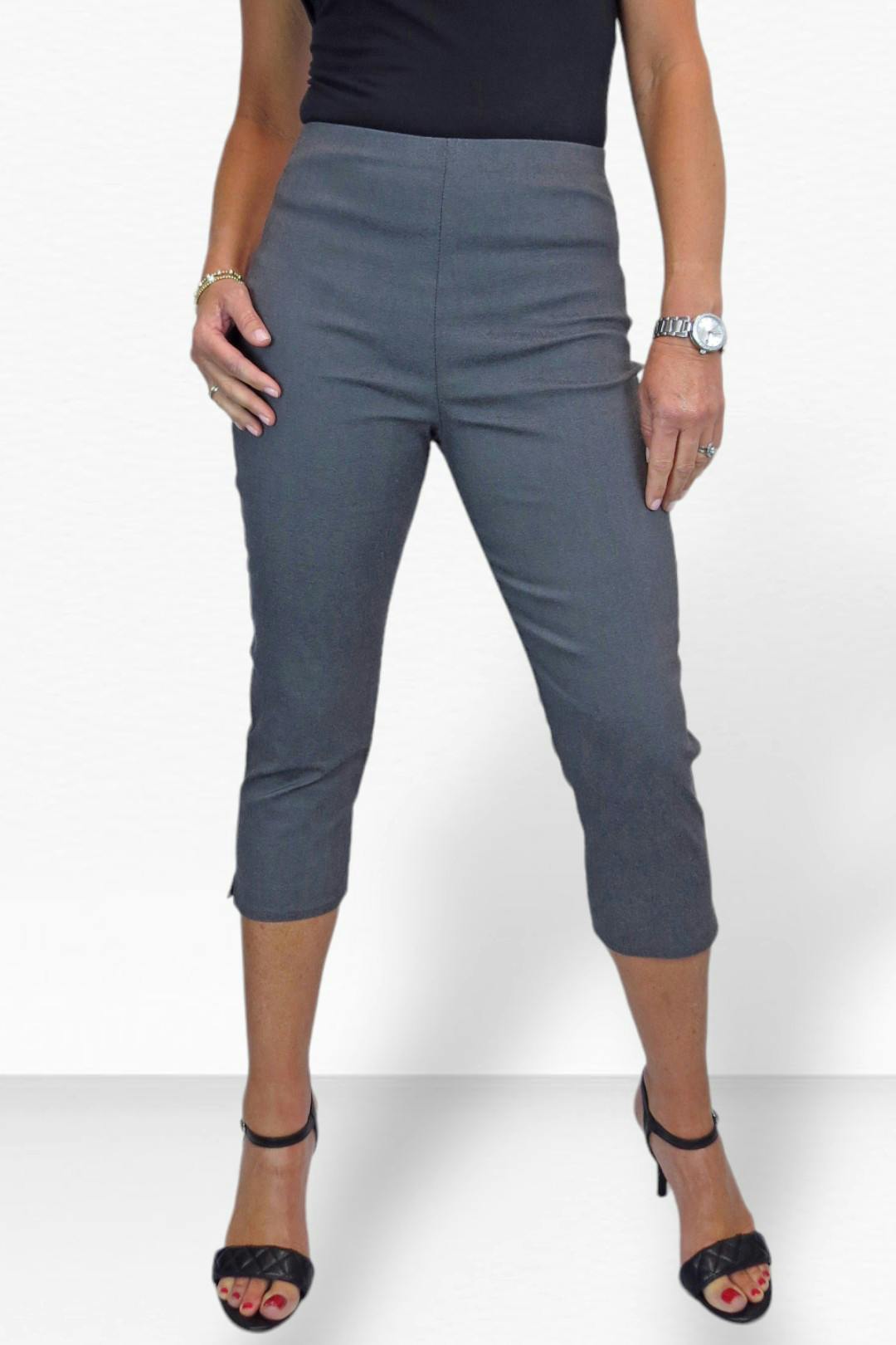 Paulo Due Women's Grey Slim Leg Elastic Waist Cropped Trousers - 14