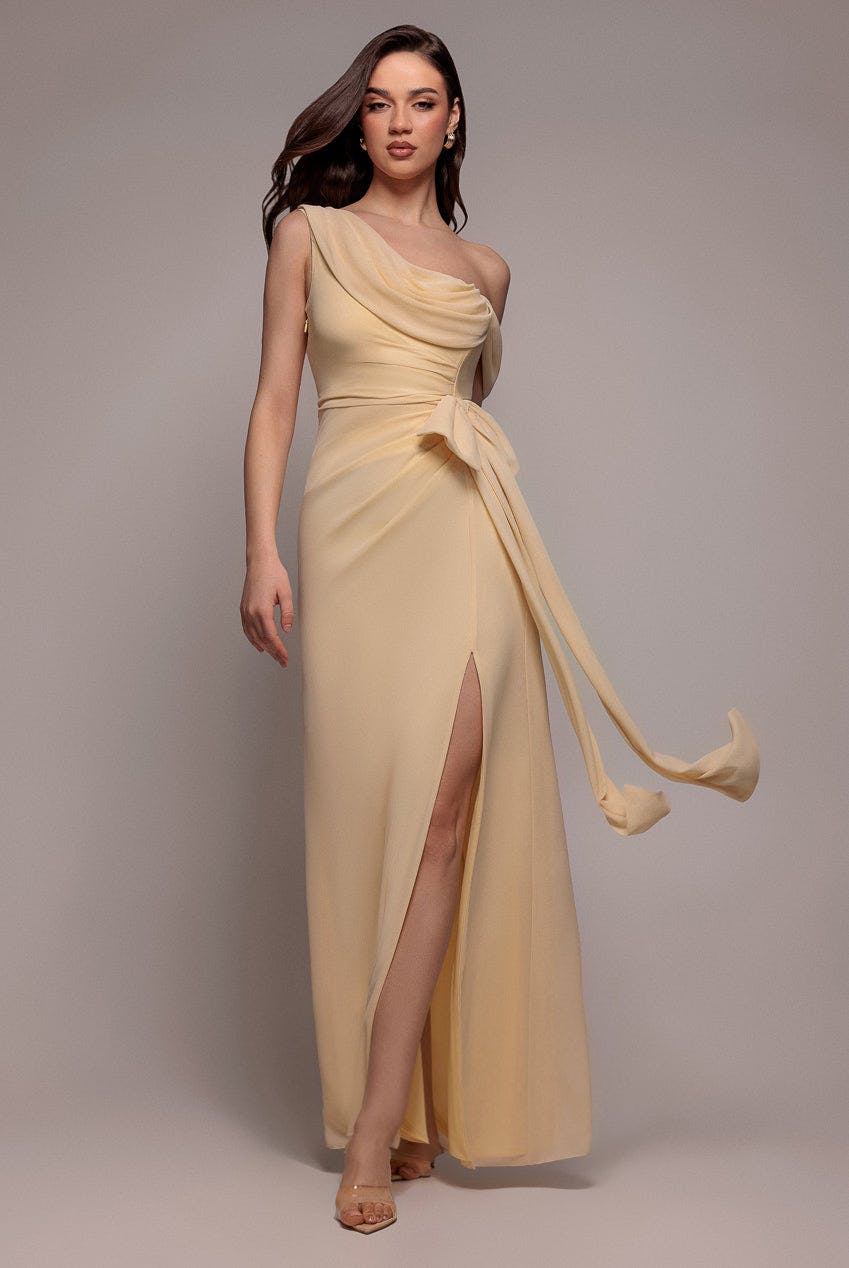 Goddiva Yellow One Shoulder Cowl With Bow Detail Maxi Dress - Butter By - Butter - 10
