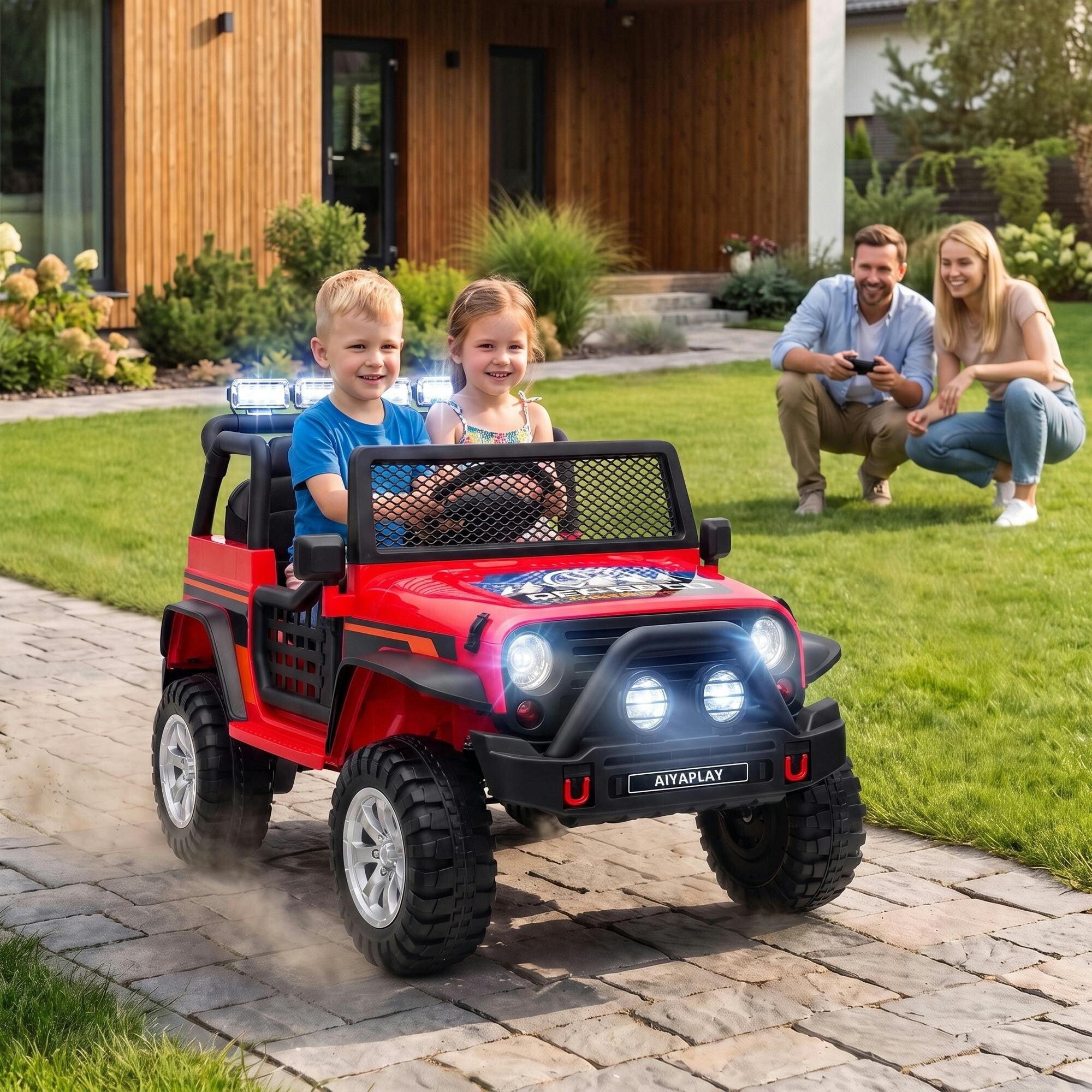 Aiyaplay Red 12V Kids Electric Ride On Car, Battery Powe Off Road Truck