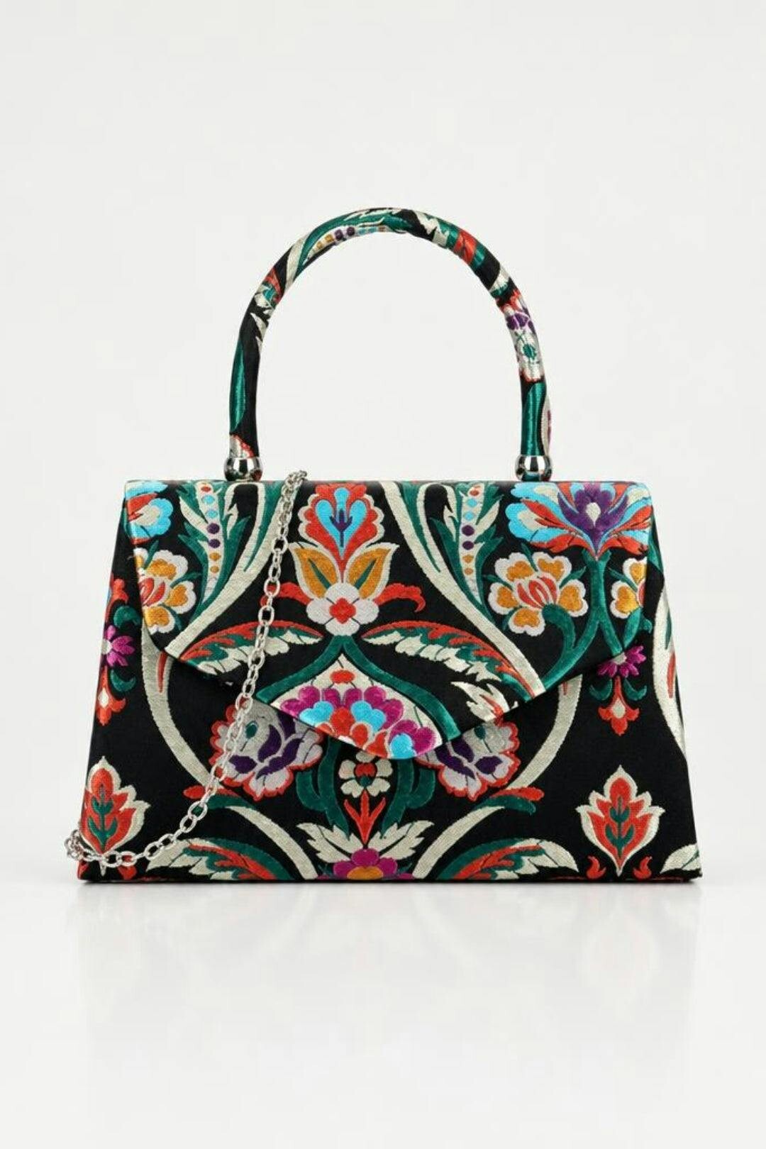 Svnx Women's Black Floral Satin Embroidered Top Handle Bag In - Image 4