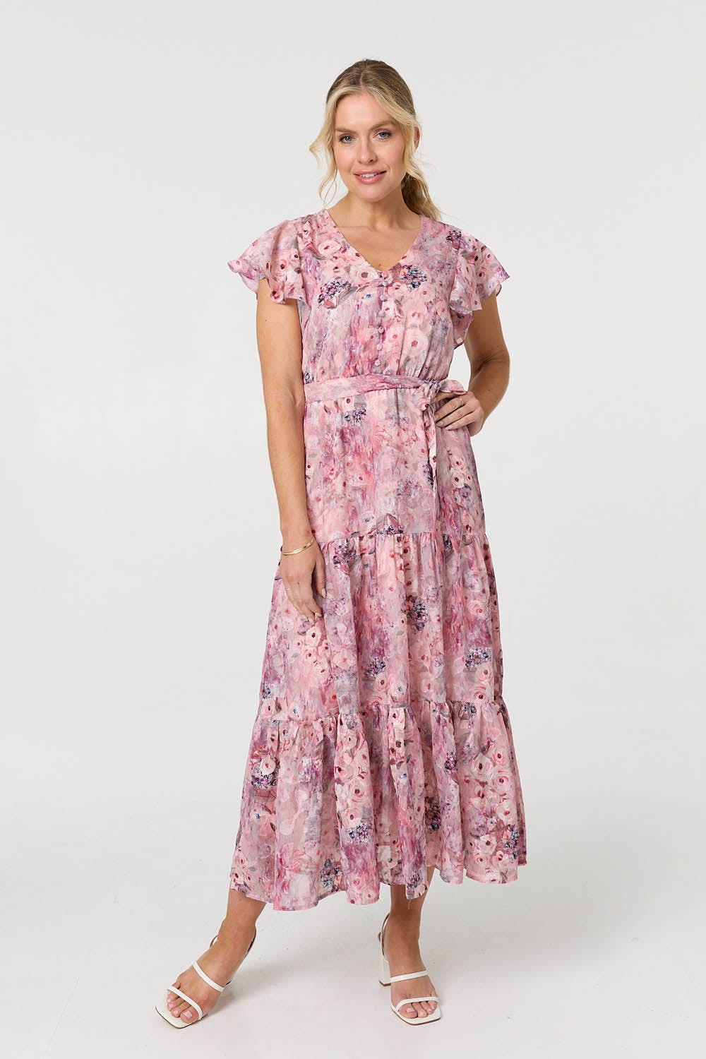 Izabel London Pink Floral Tiered Tie Waist Maxi Dress - 18