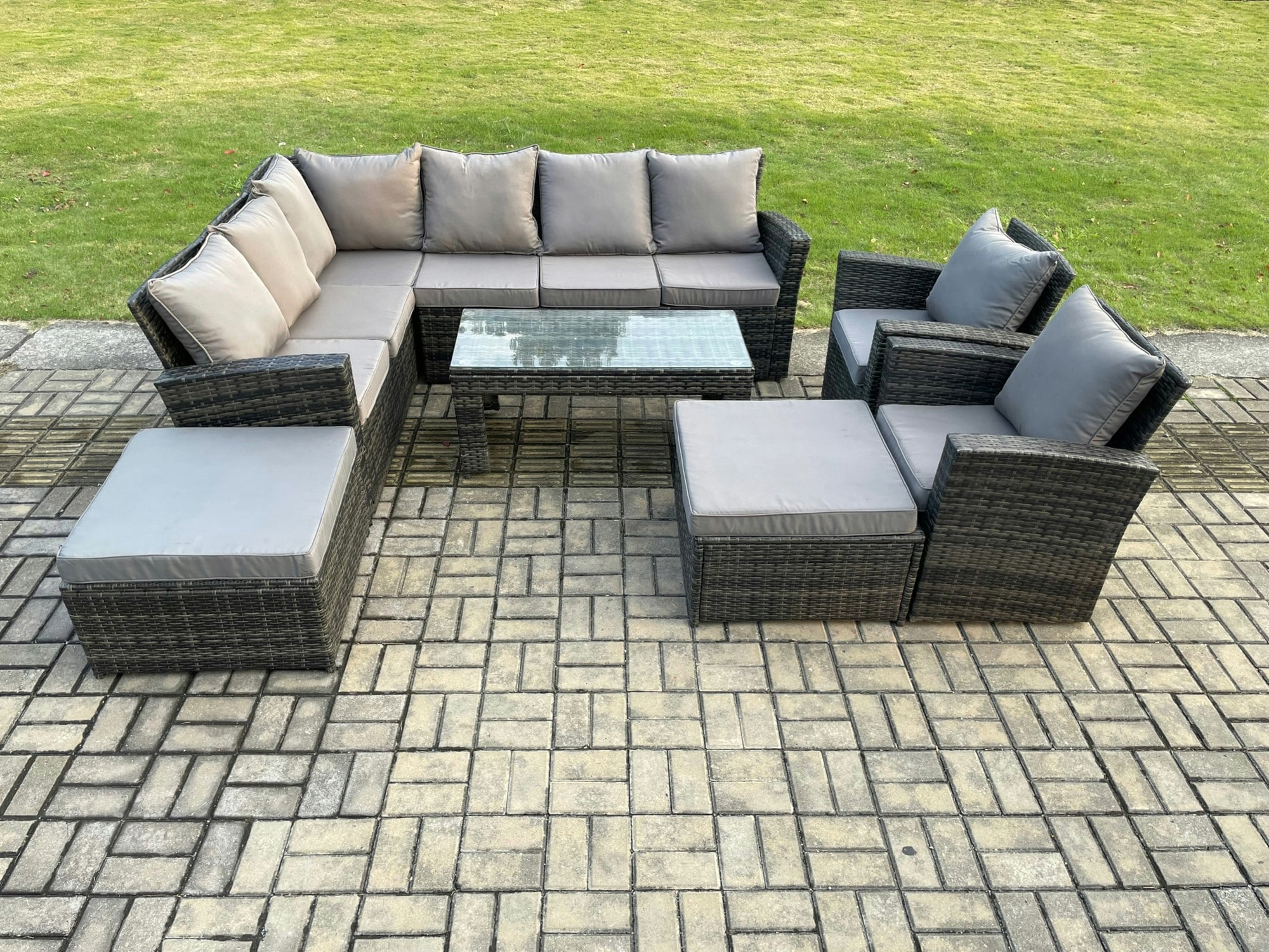 Rackhams Dark/Grey Outdoor Furniture Garden Dining Set Rattan Corner Sofa Set With 2 Armchairs 2 Big Footstool Mixed