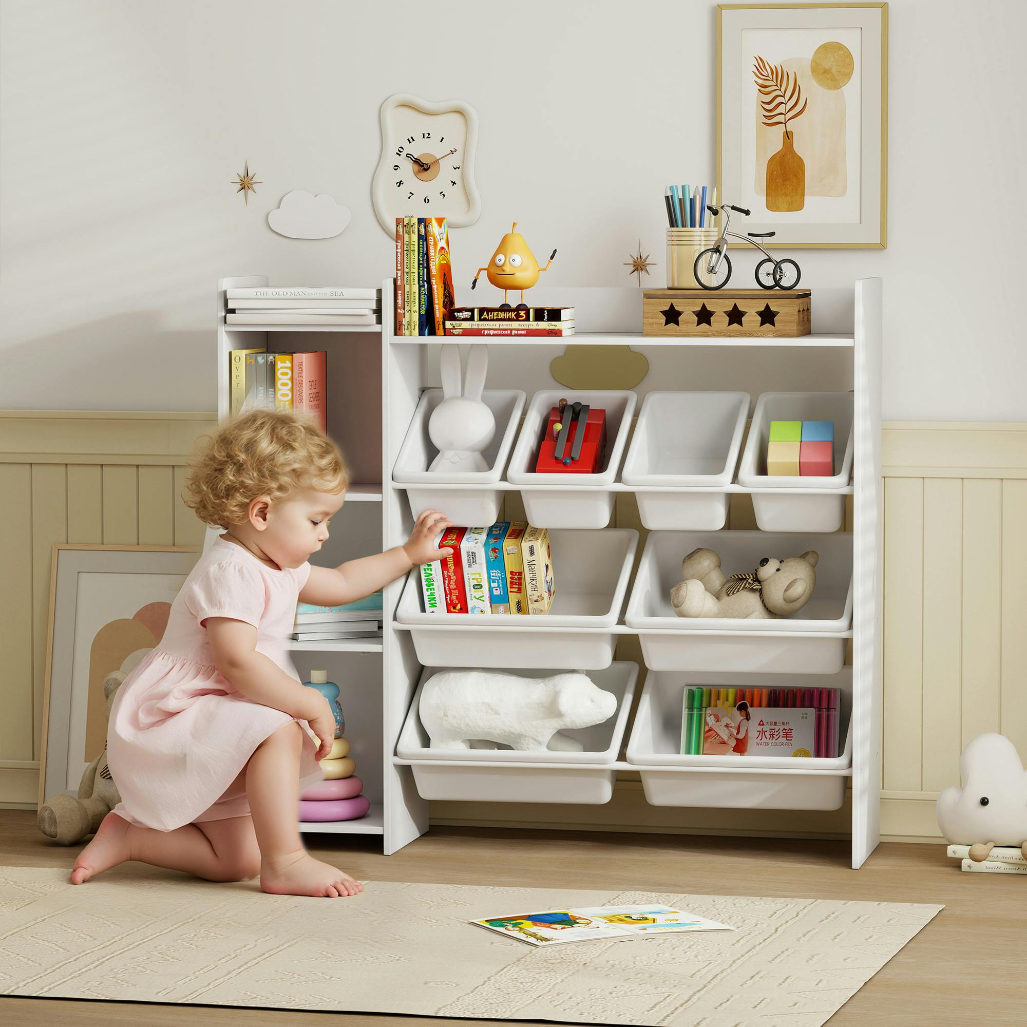 Aiyaplay White Toy Storage Unit With 8 Removable Bins, Storage Shelves, Cabinet